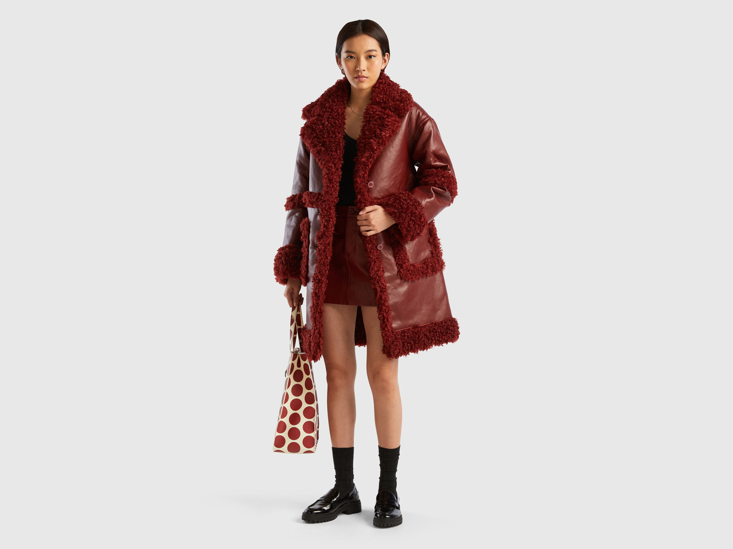 Coat in imitation leather with faux fur Burgundy Benetton