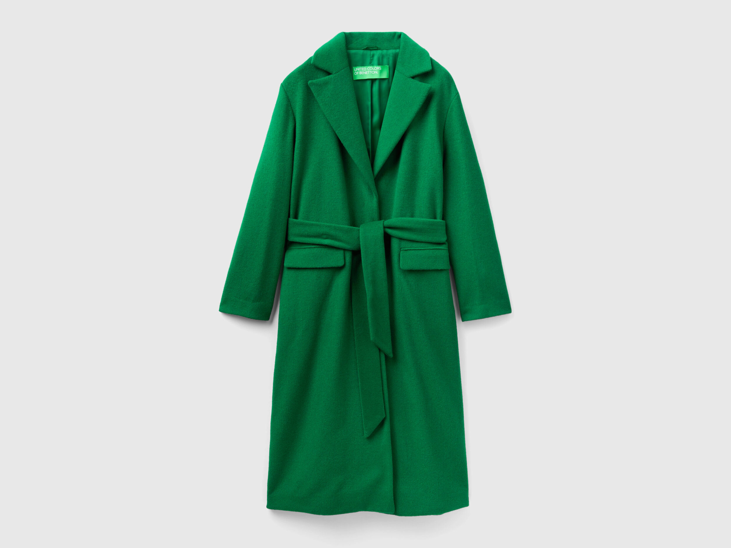 Long coat with belt - Green | Benetton