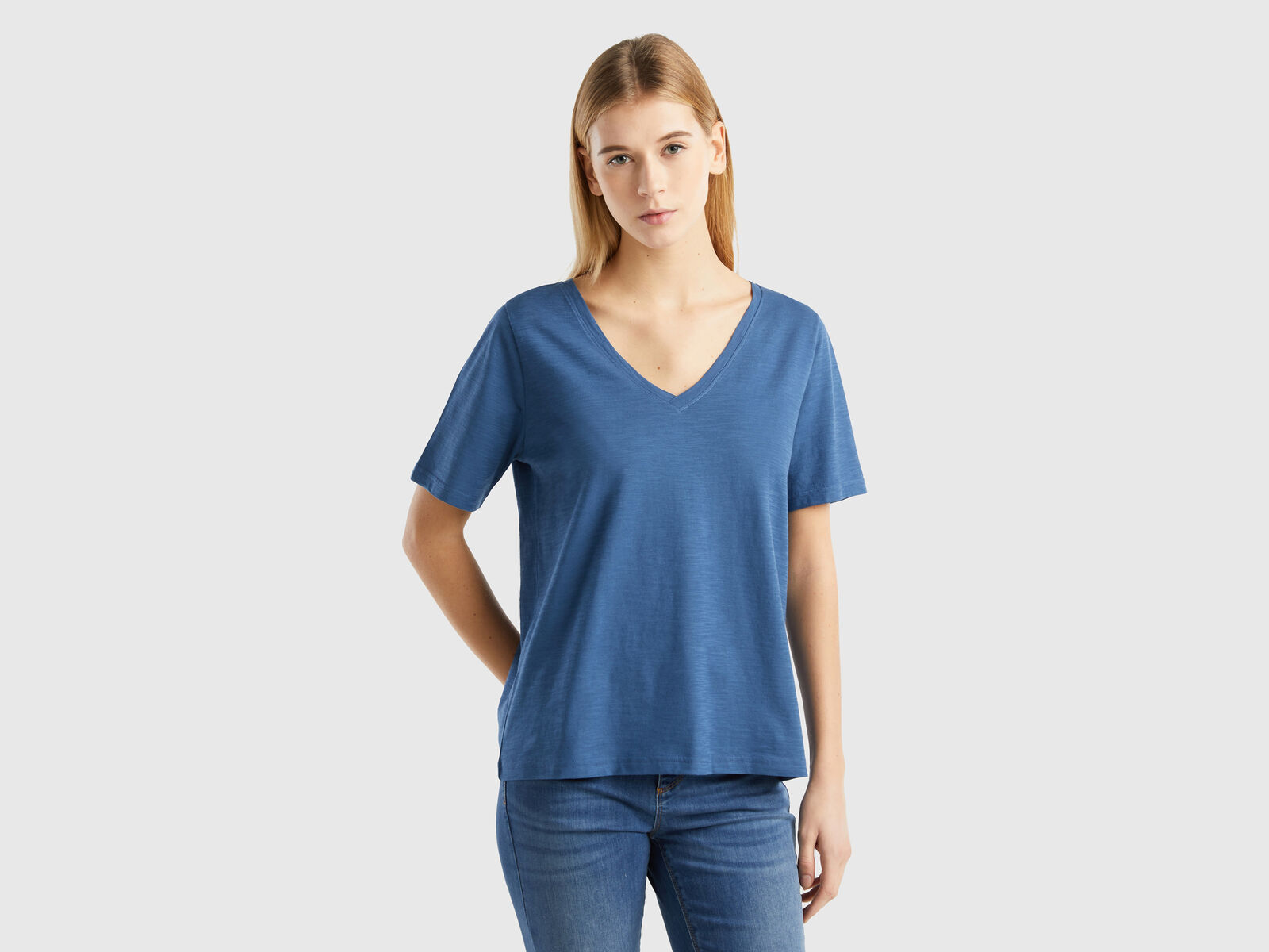 cotton V-neck - Air Blue | Benetton Force slub in t-shirt