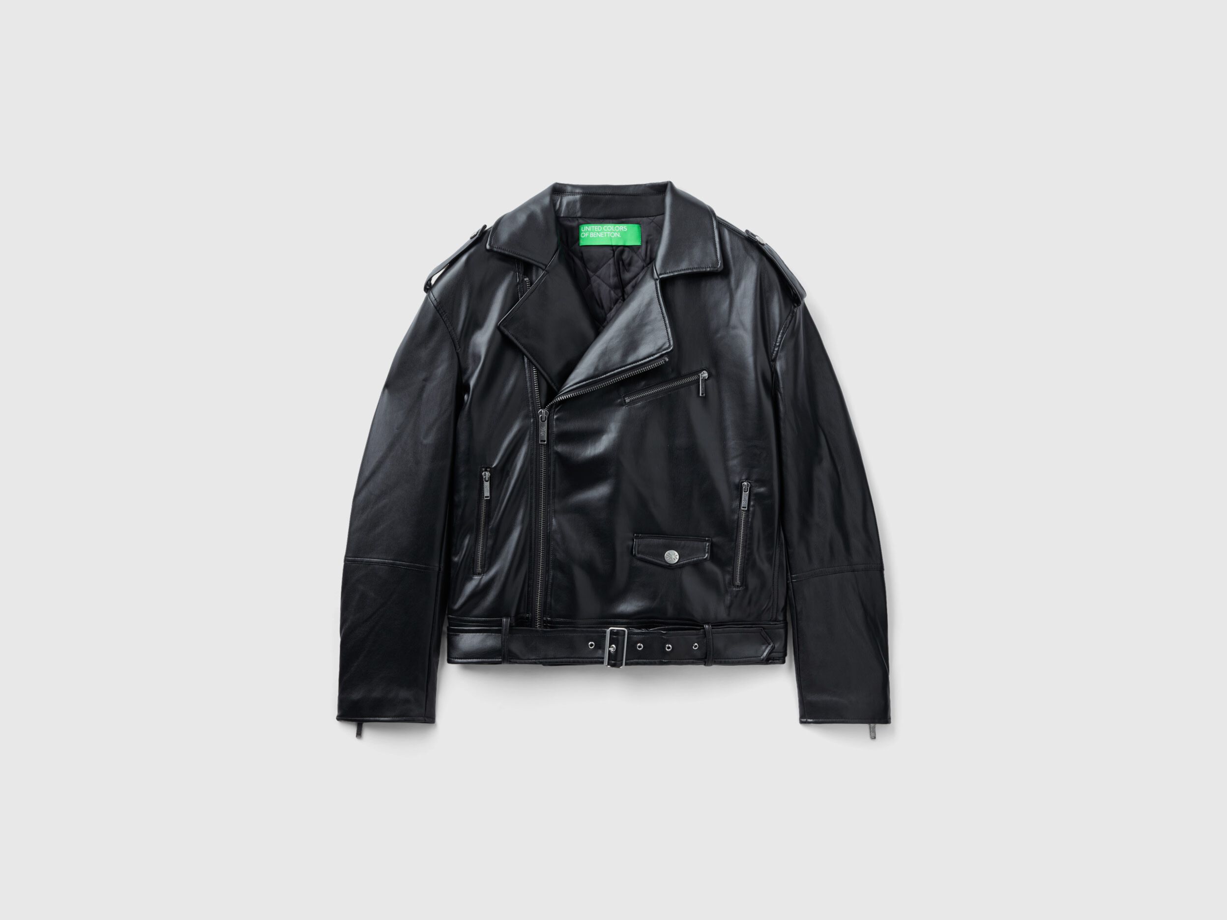 Glossy jacket with zip and hood - Black | Benetton