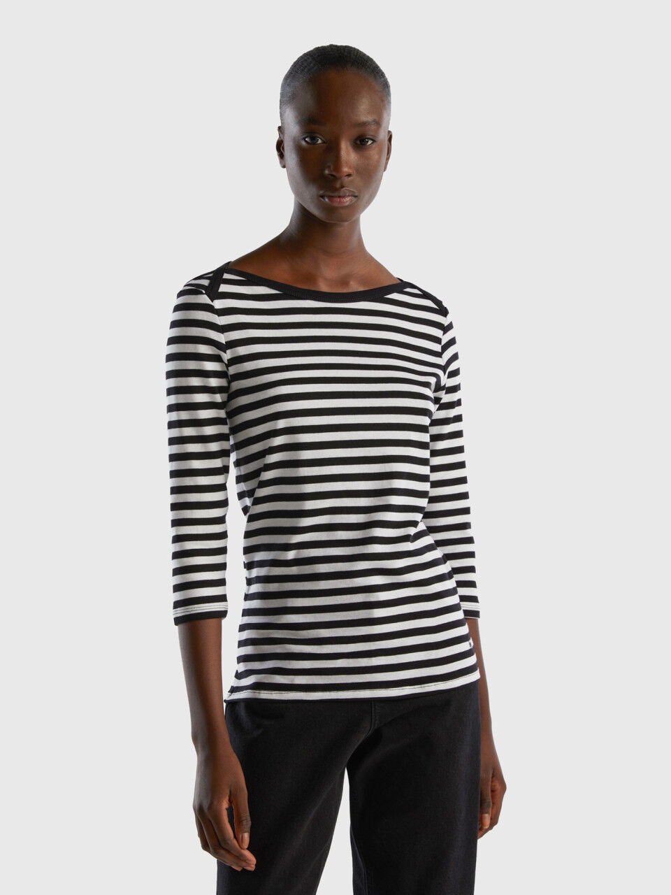 Striped 3/4 sleeve t-shirt in pure cotton