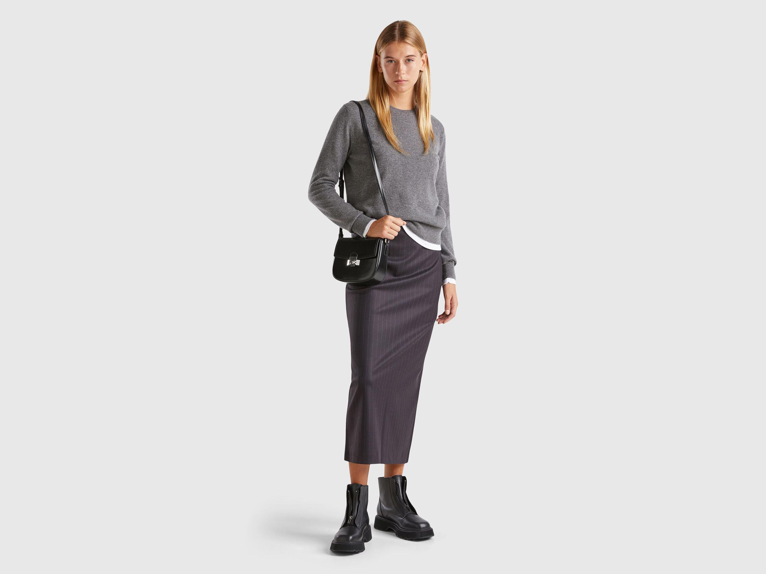 Pinstripe midi skirt - Black | Benetton