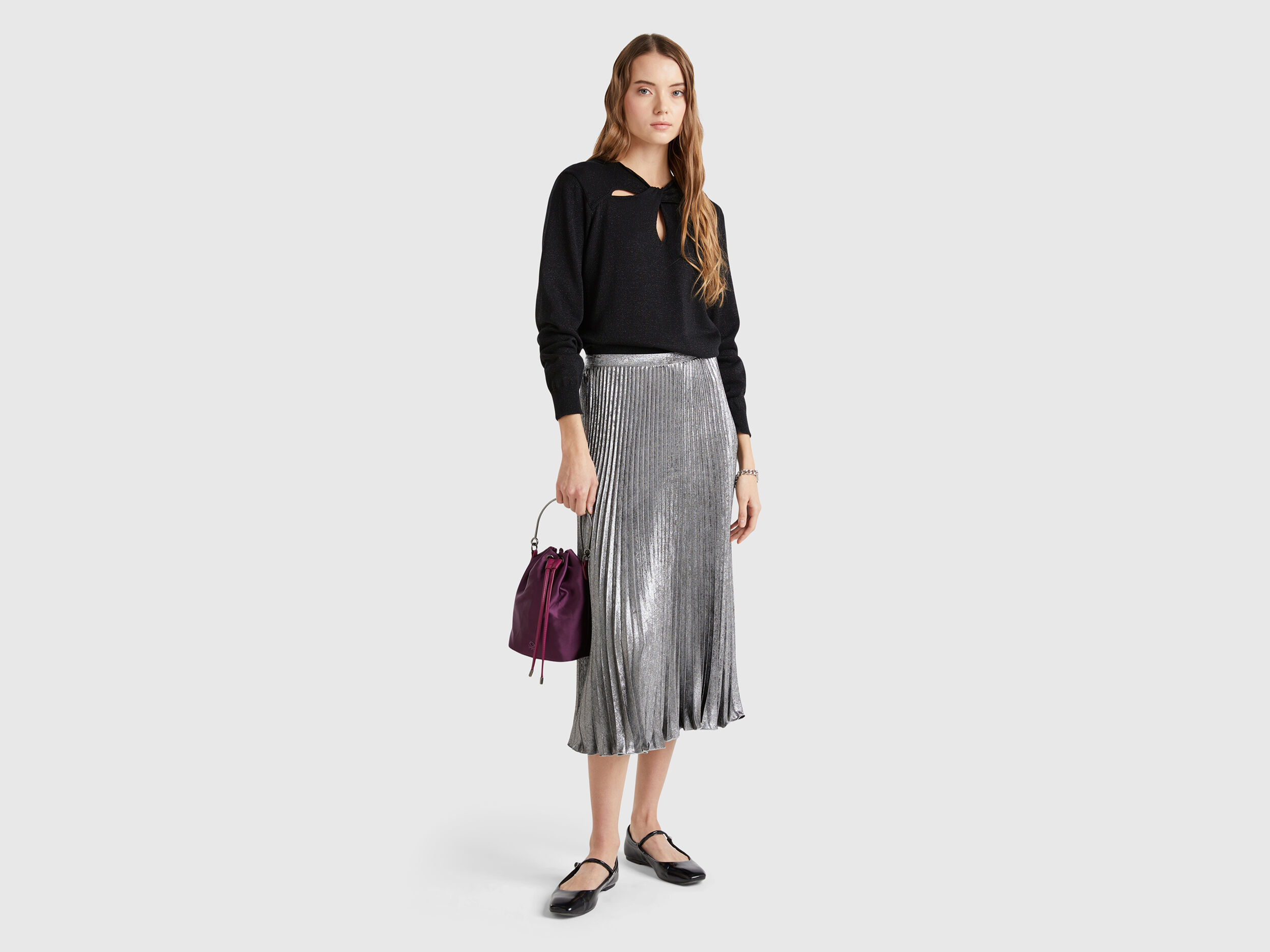 Side Belt Faux Leather Pleated Midi Skirt in Black - Retro