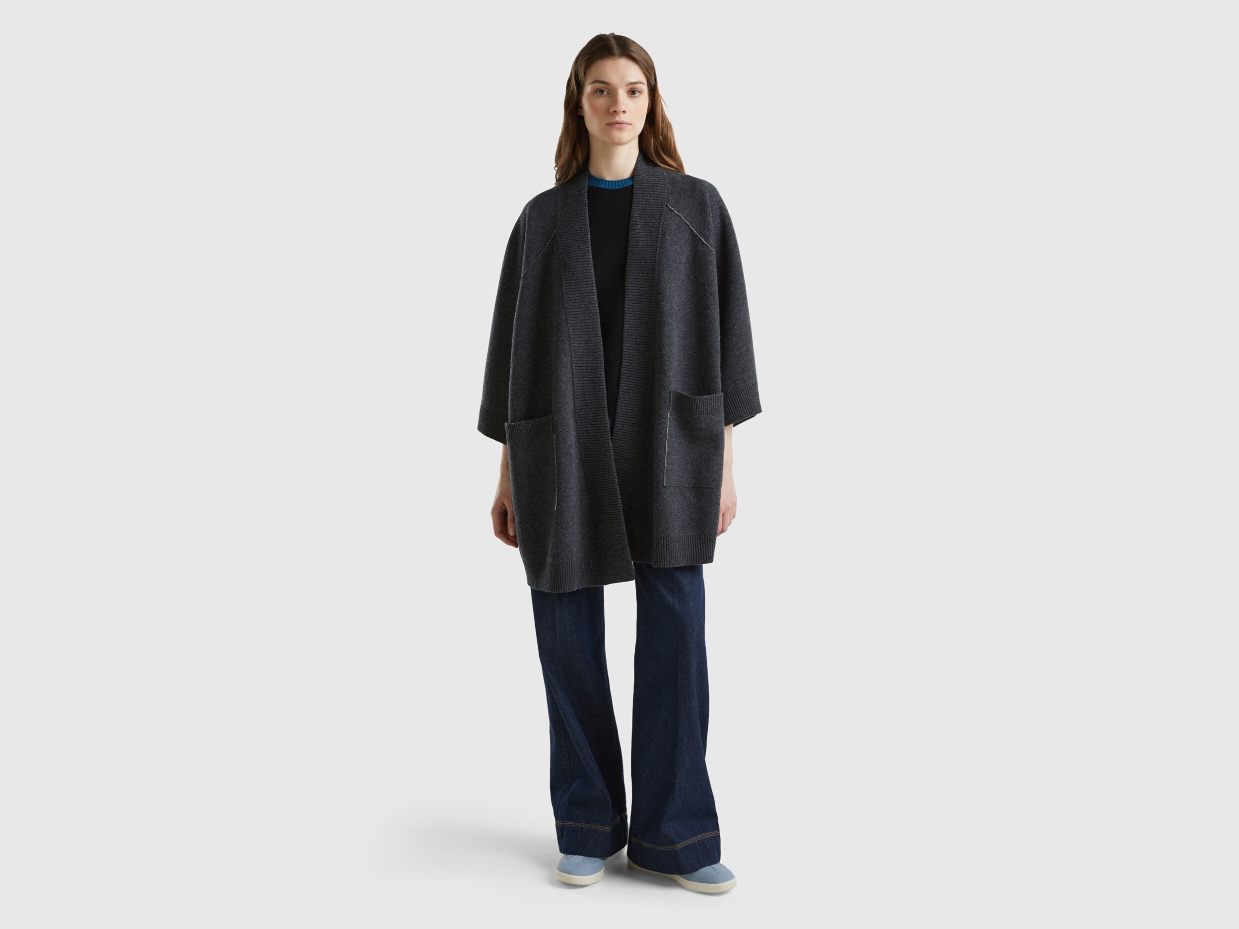 Open knitted cape - Dark Gray | Benetton