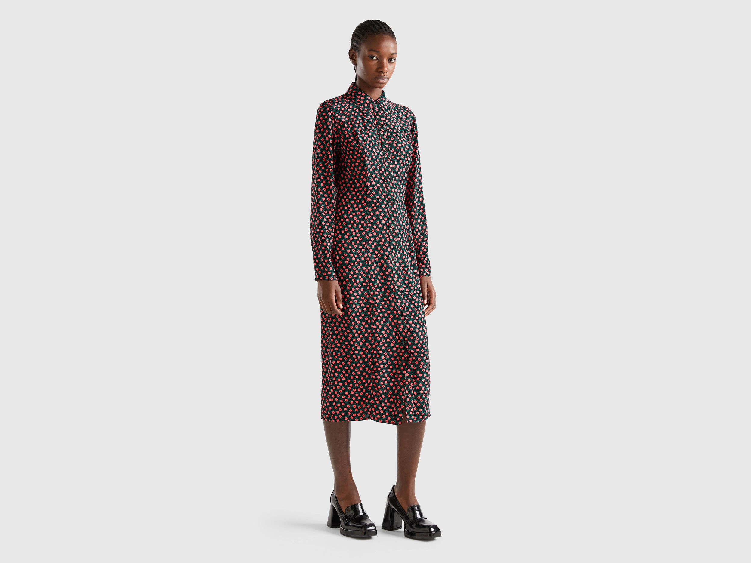 Floral satin shirt dress Black Benetton
