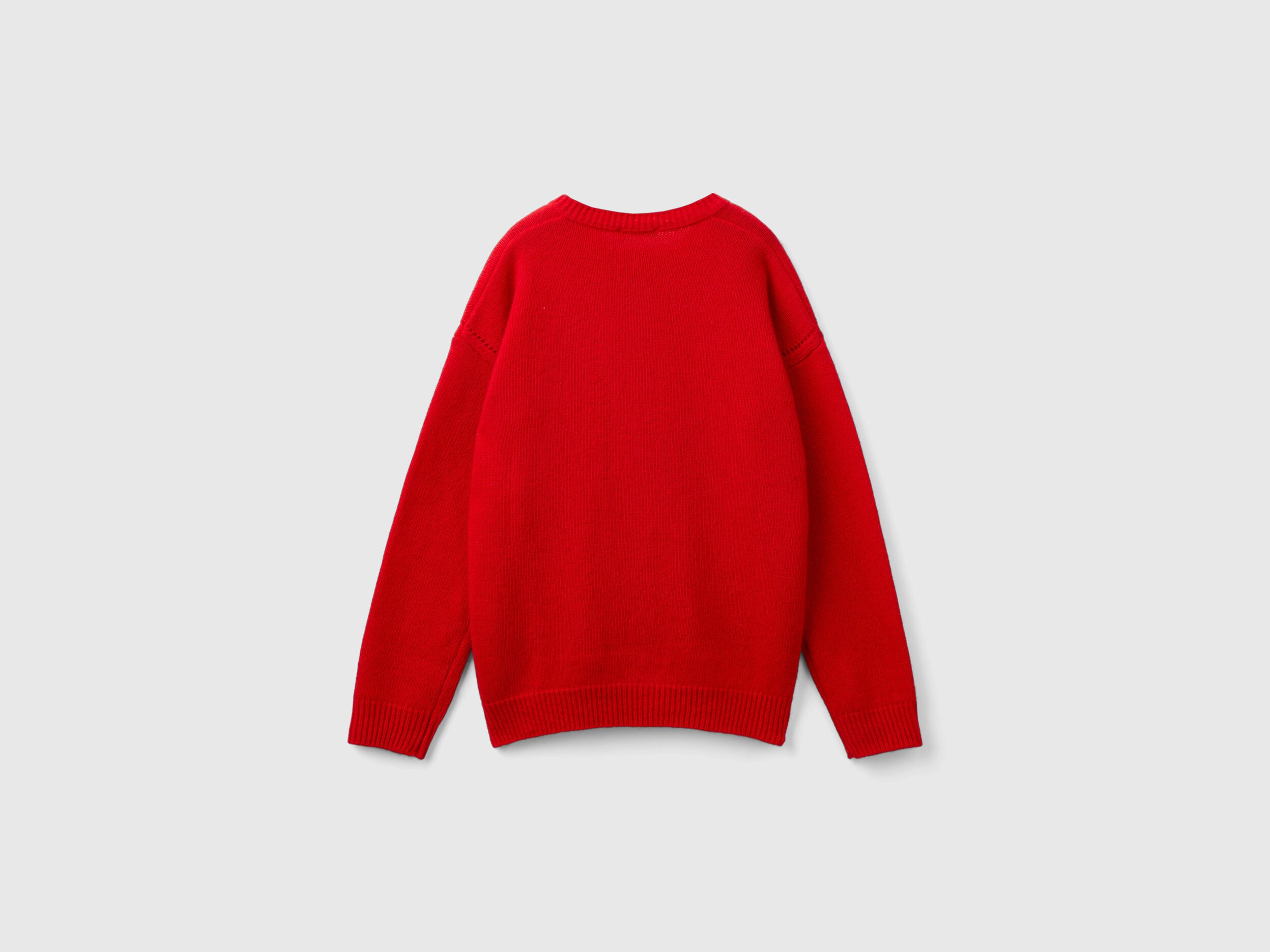 Crew neck cardigan with rhinestone logo - Red | Benetton