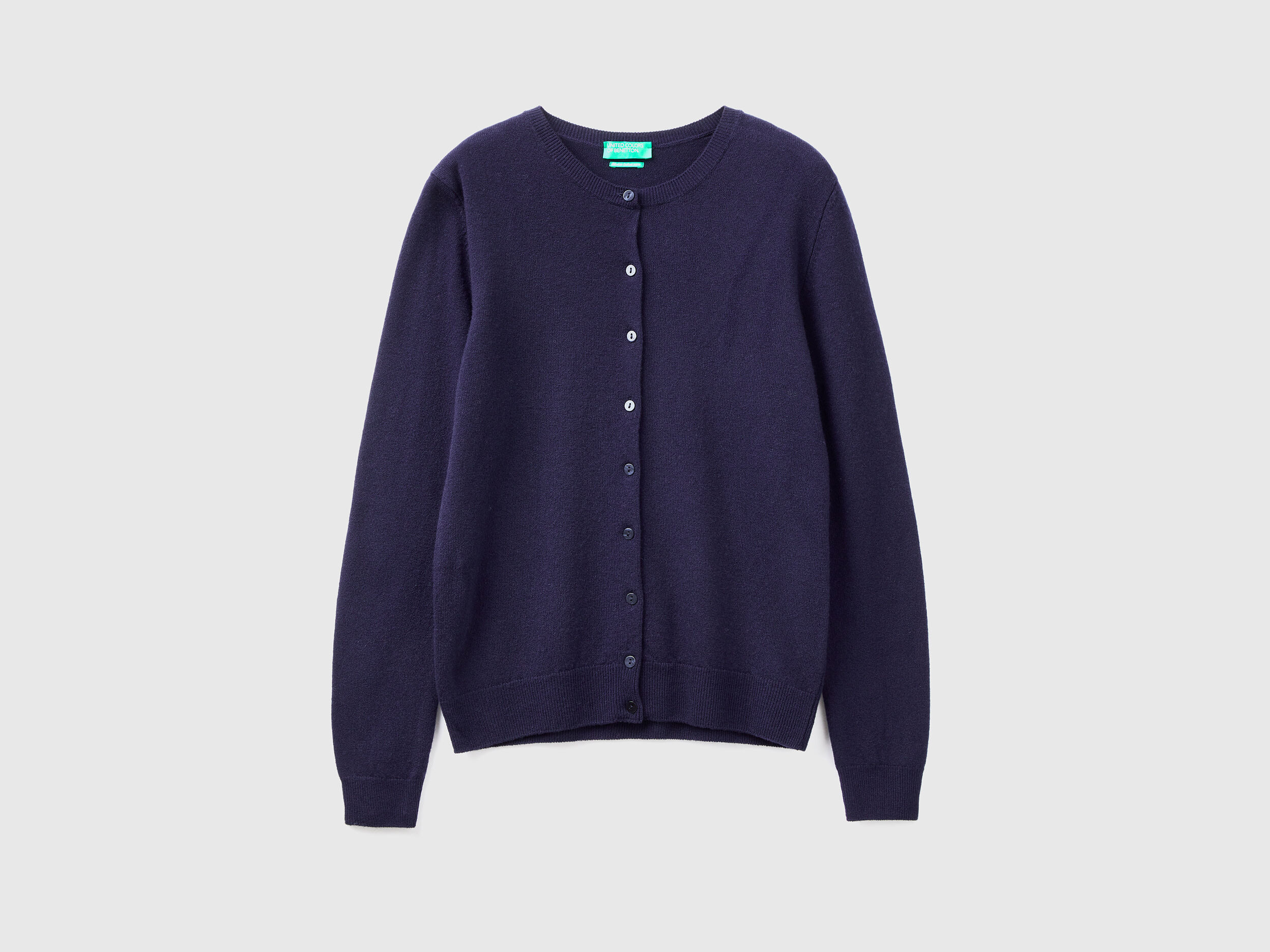 Dark blue crew neck cardigan in pure Merino wool Dark Blue