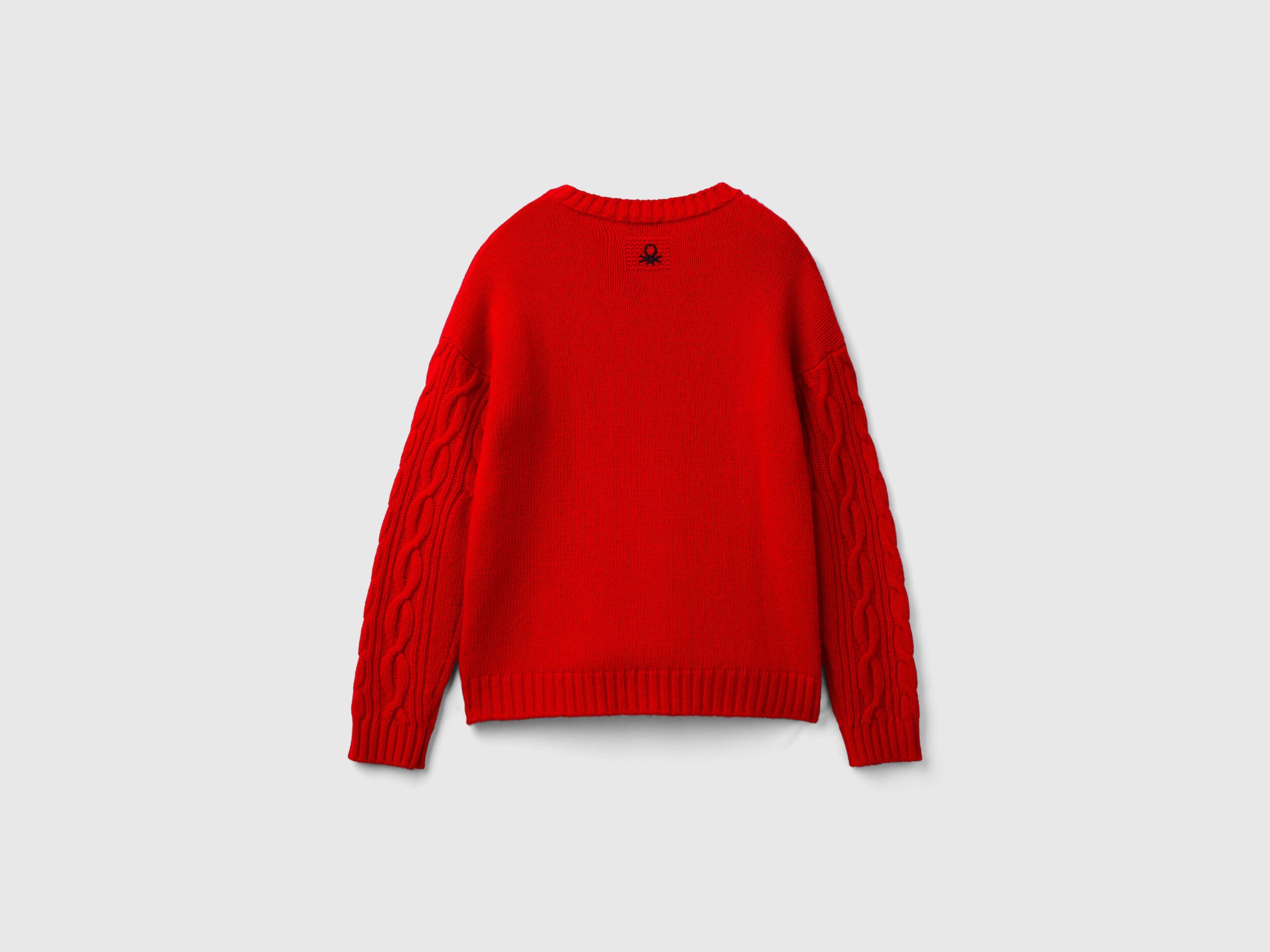 Cable knit sweater in wool blend - Red | Benetton