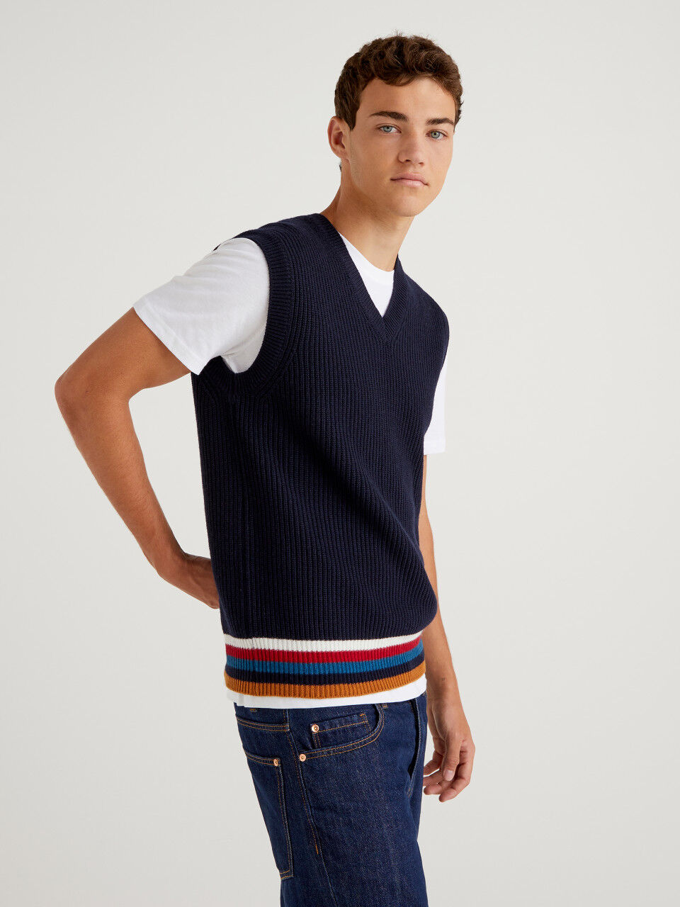 Thom Browne Cotton Stripe-trim Knitted Vest in Blue for Men Mens Clothing T-shirts Sleeveless t-shirts 