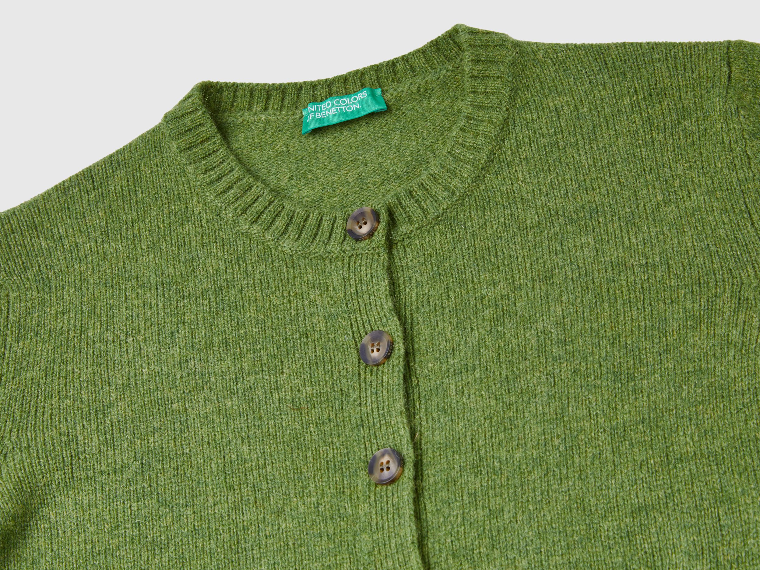 Cardigan in pure Shetland wool Olive Green Benetton