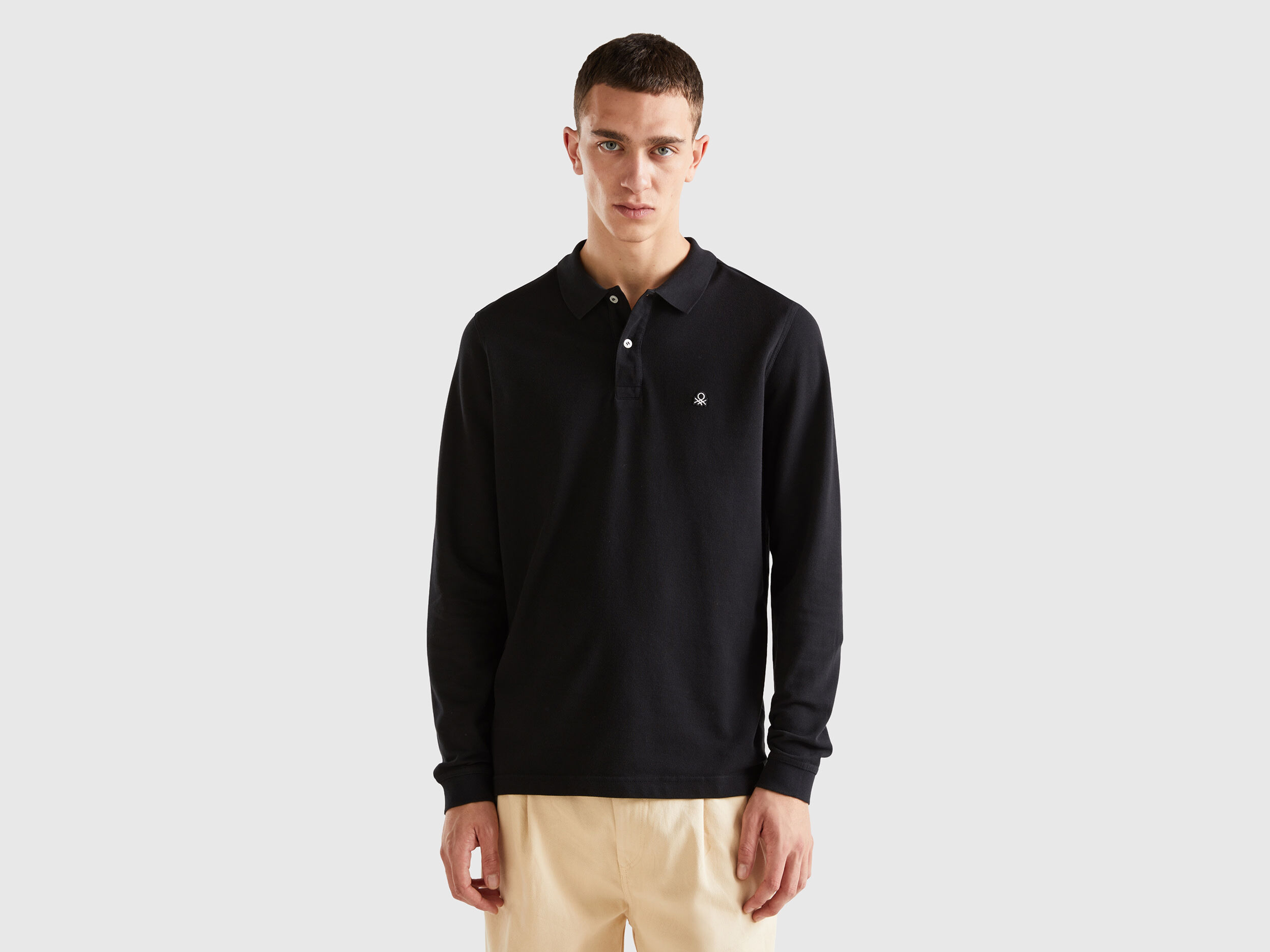 Long sleeve 100 cotton polo Black Benetton
