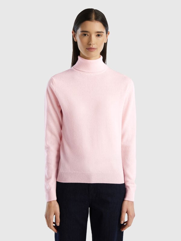 Jersey de cuello cisne rosa claro de pura lana merina Mujer