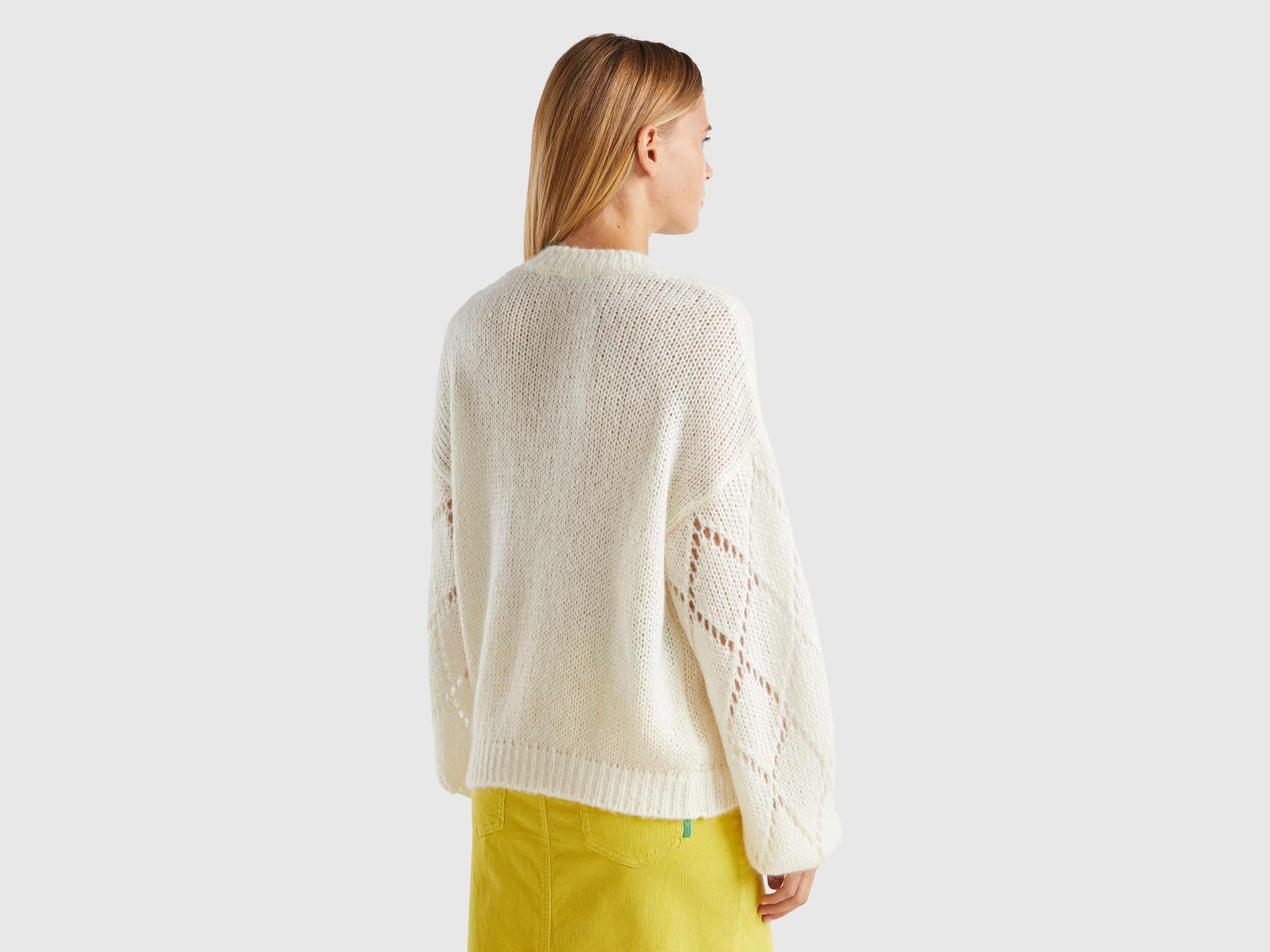 Sweater with perforated sleeve - White | Benetton