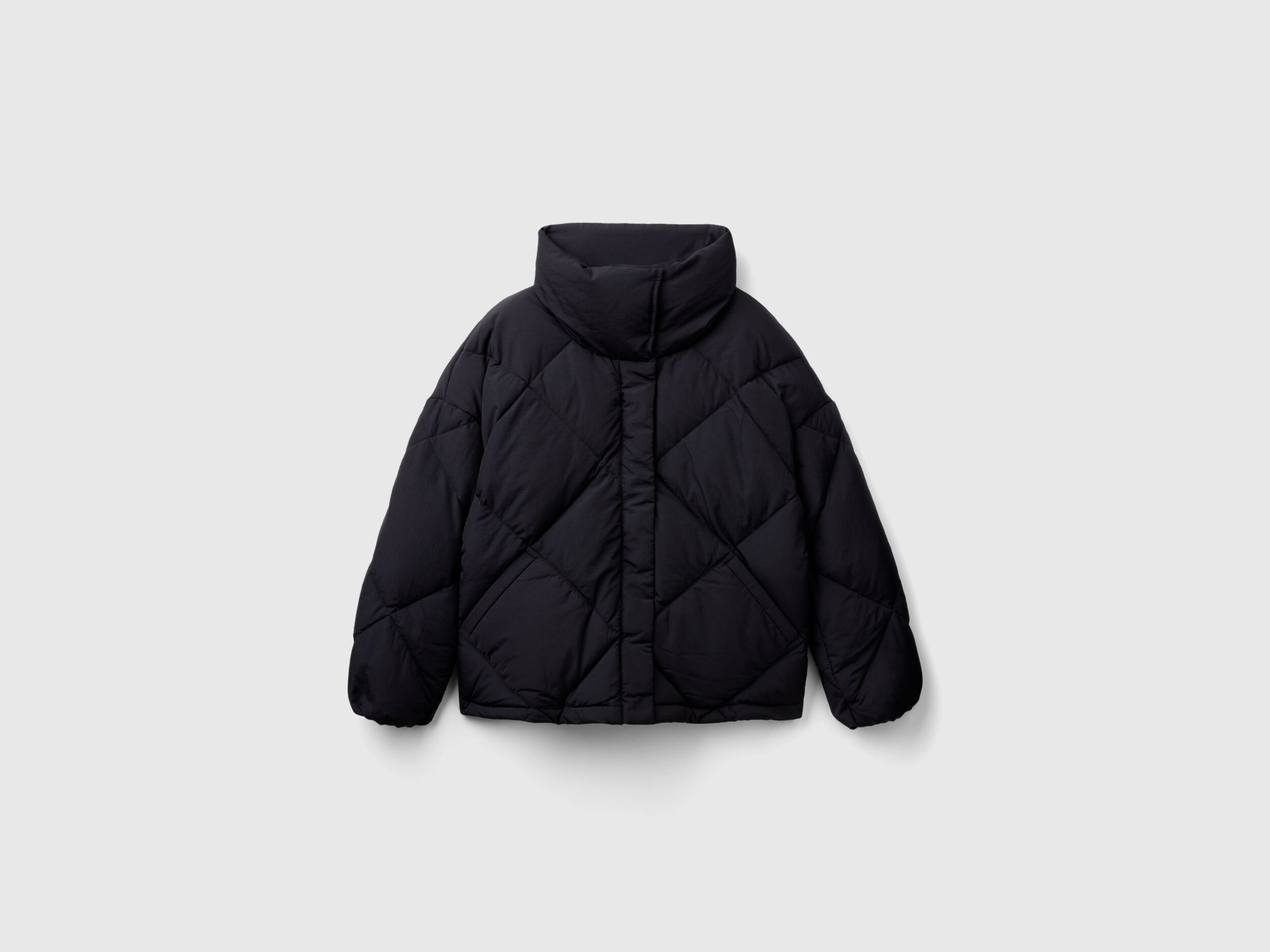 High collar puffer jacket in genuine recycled down - Black | Benetton