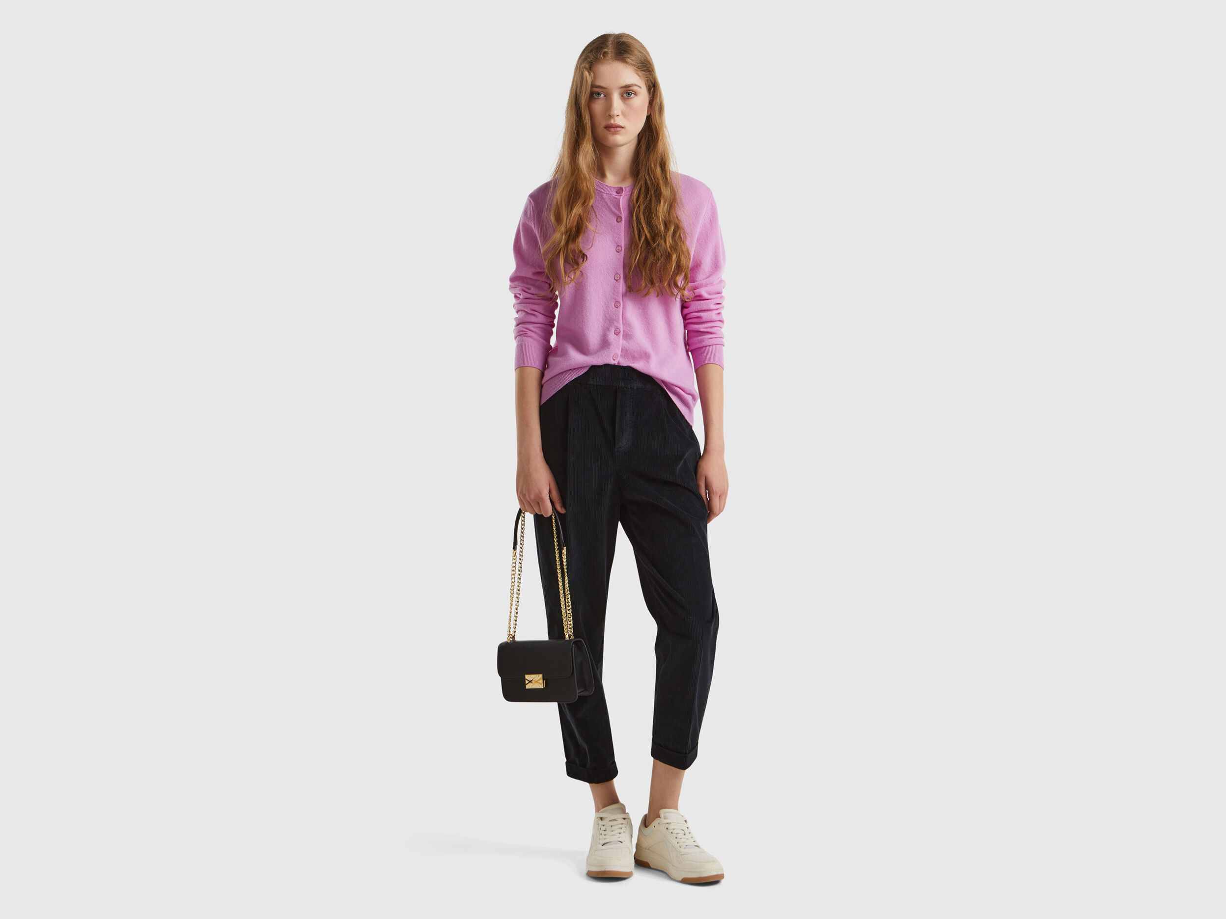 Chinos in velvet with stretch waist - Black | Benetton