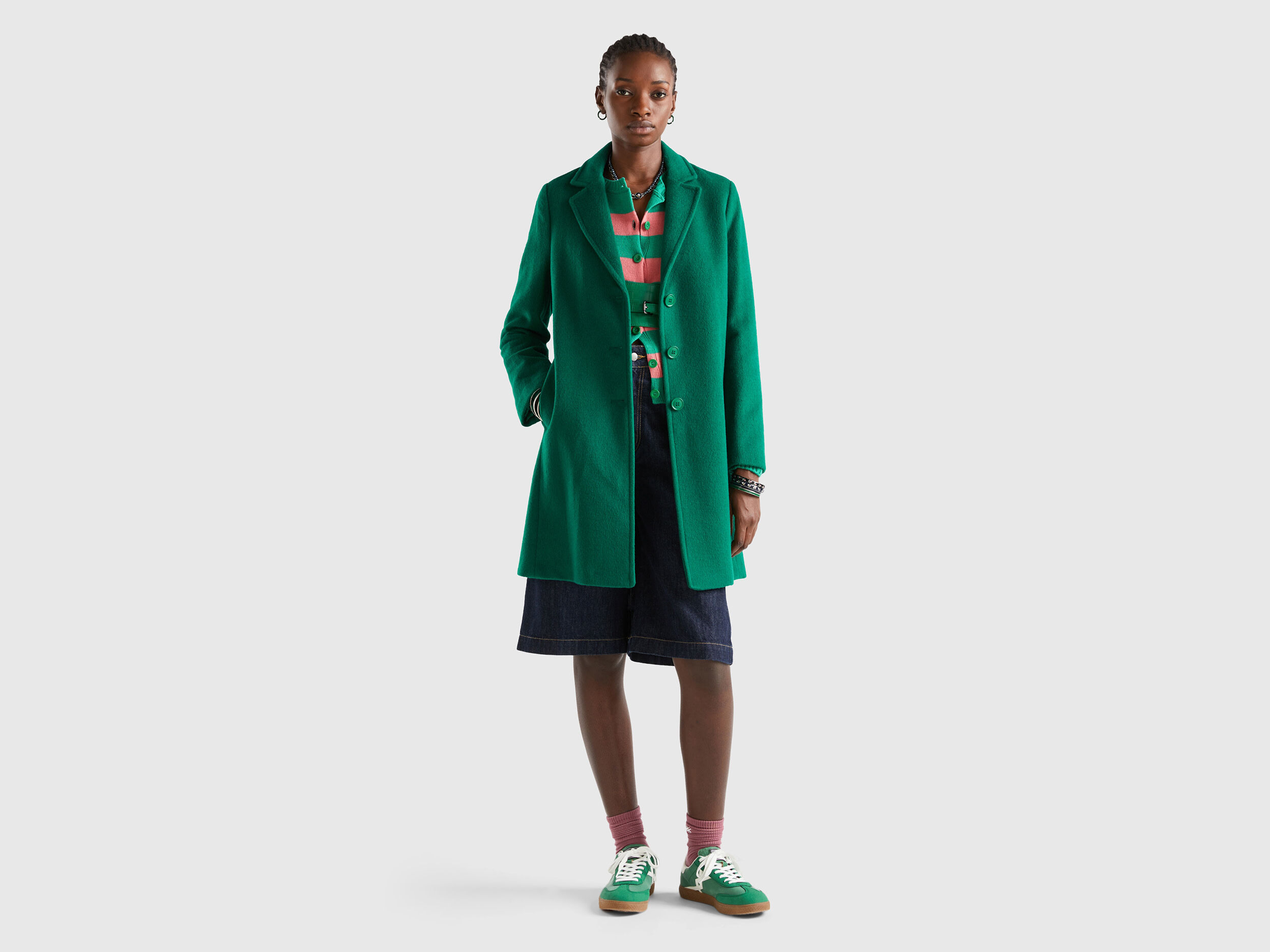 Short coat in wool blend cloth - Green | Benetton