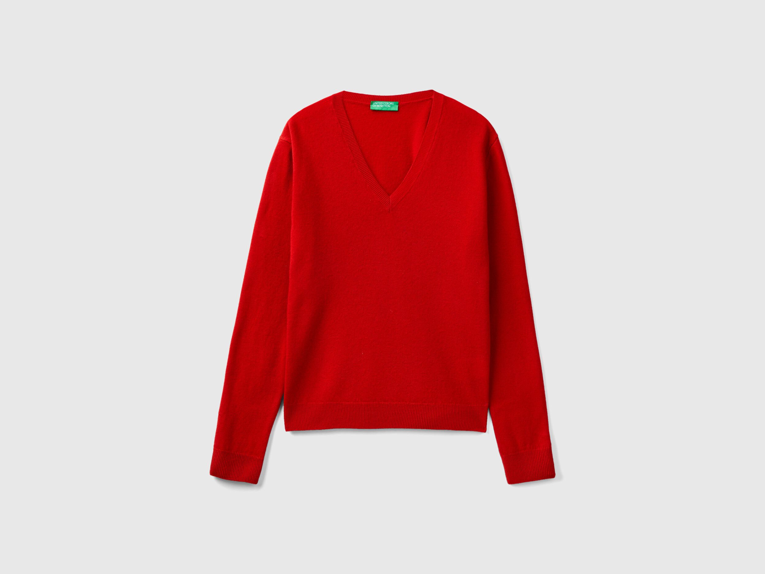 Red V neck sweater in pure Merino wool Red Benetton