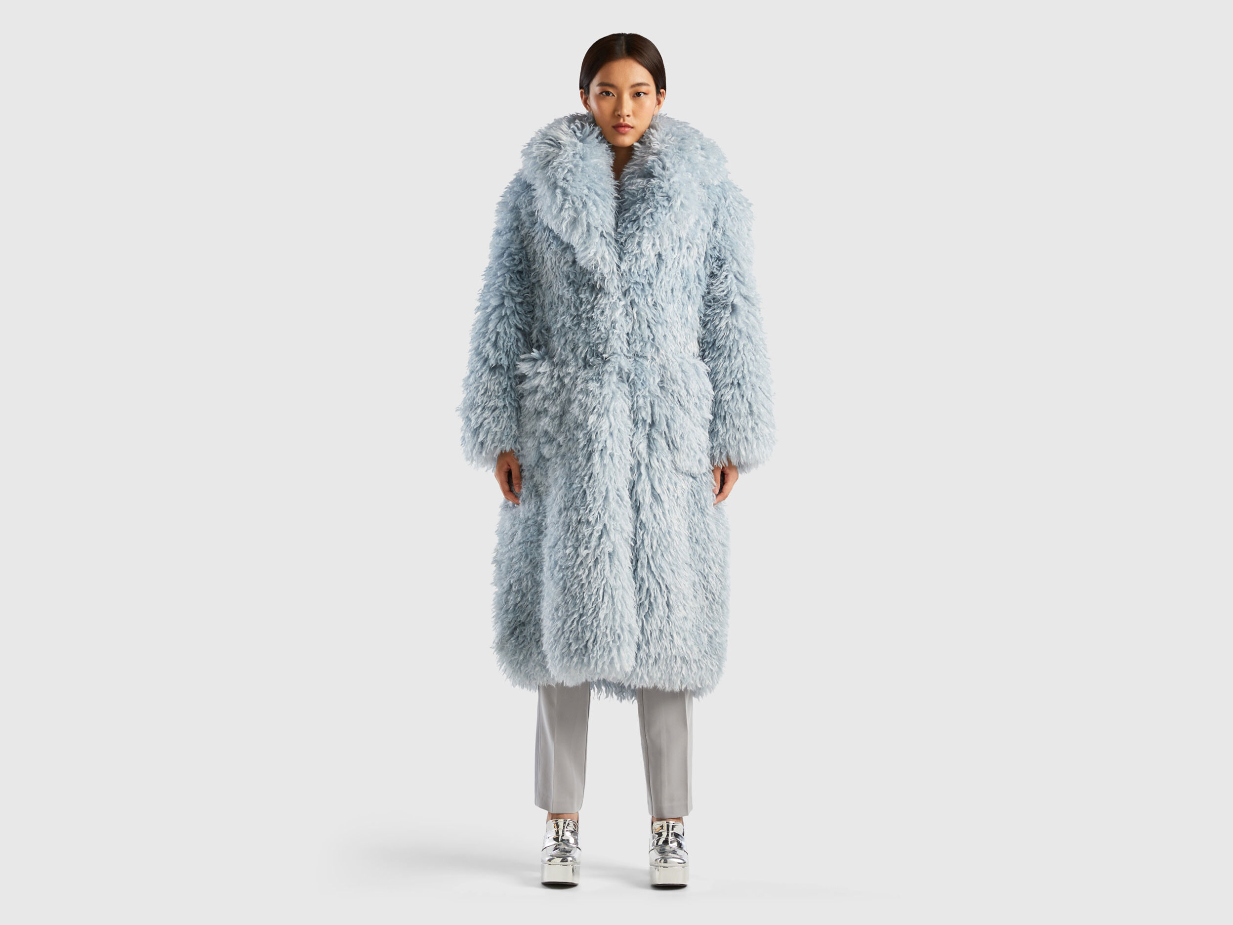 Long faux fur coat - Sky Blue | Benetton