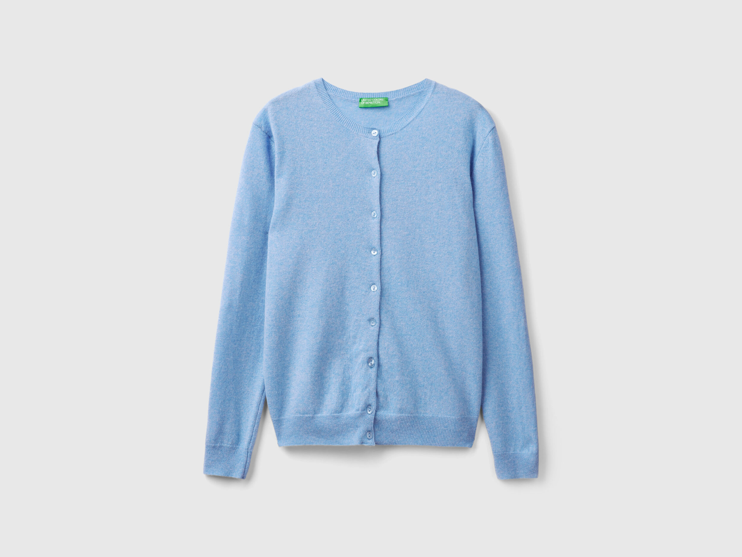 Marl sky blue crew neck cardigan in pure Merino wool - Light