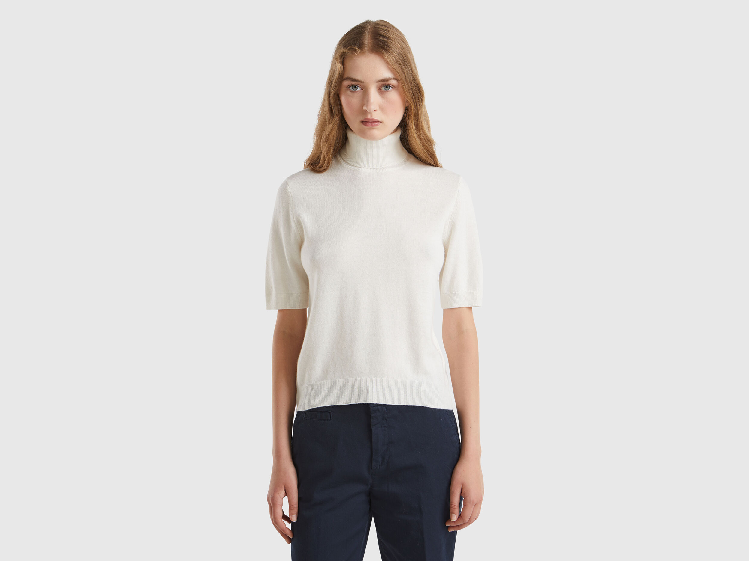 Cream white short sleeve turtleneck in cashmere blend Creamy White Benetton