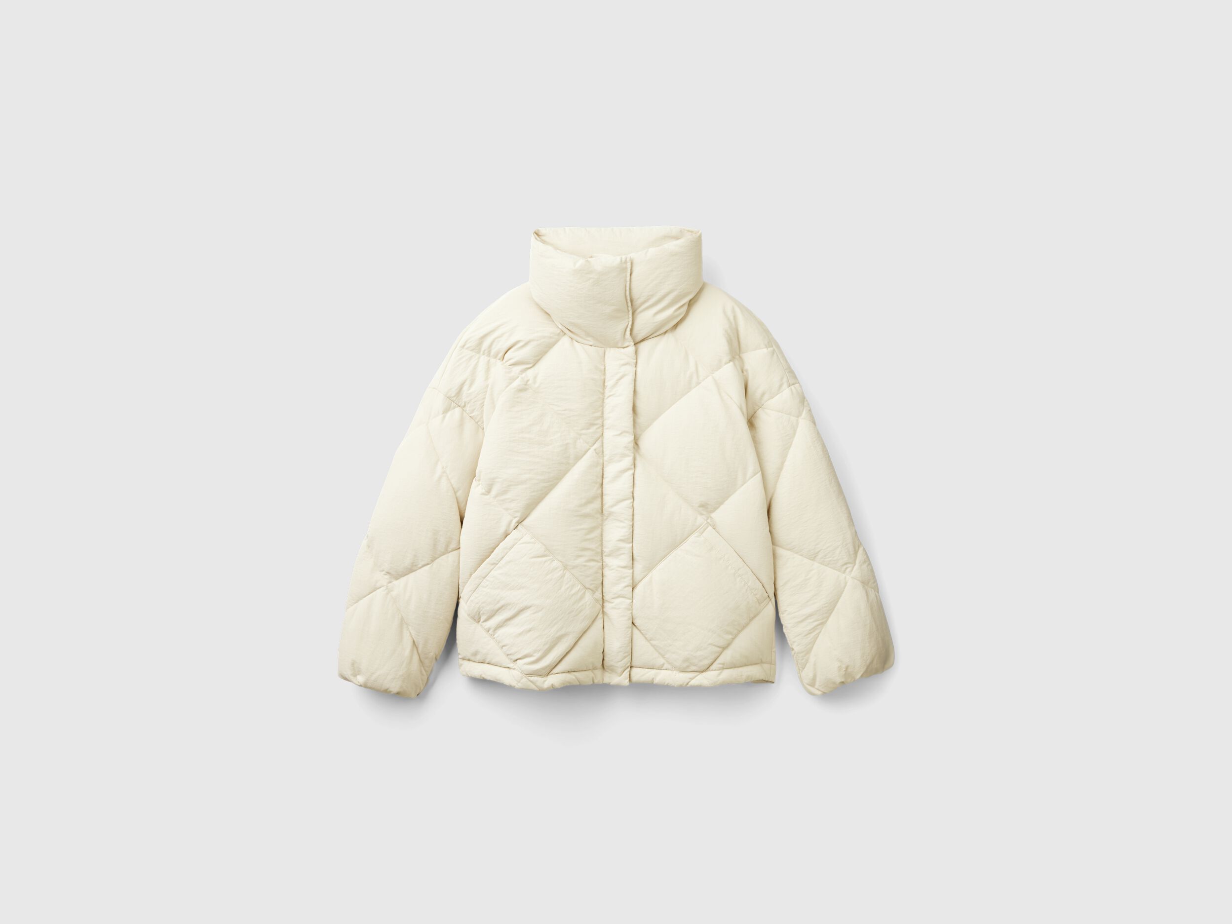 High collar puffer jacket in genuine recycled down - Beige | Benetton