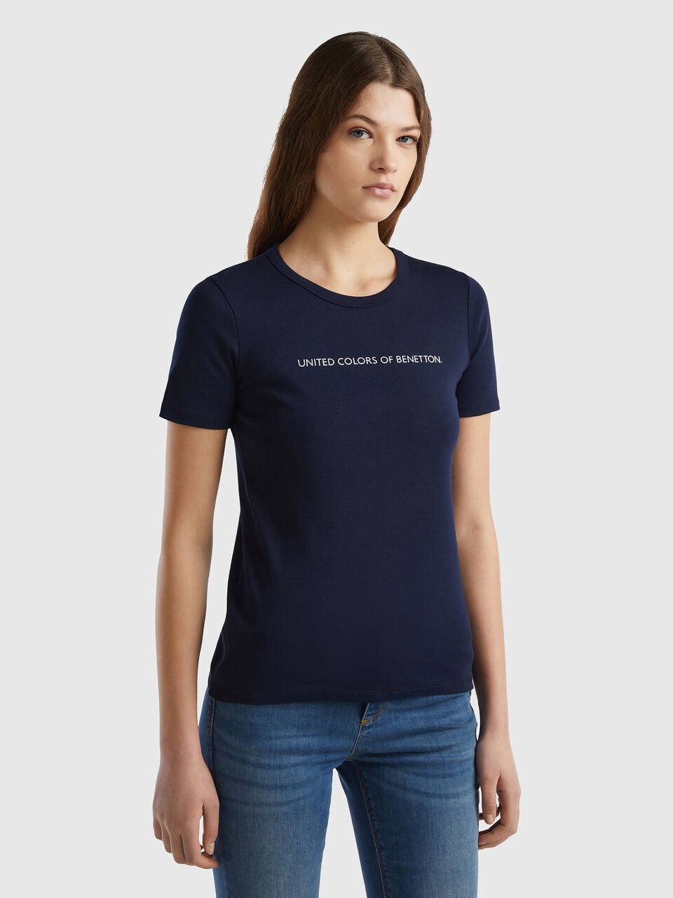 T-shirt in 100% cotton with glitter print logo - Dark Blue | Benetton