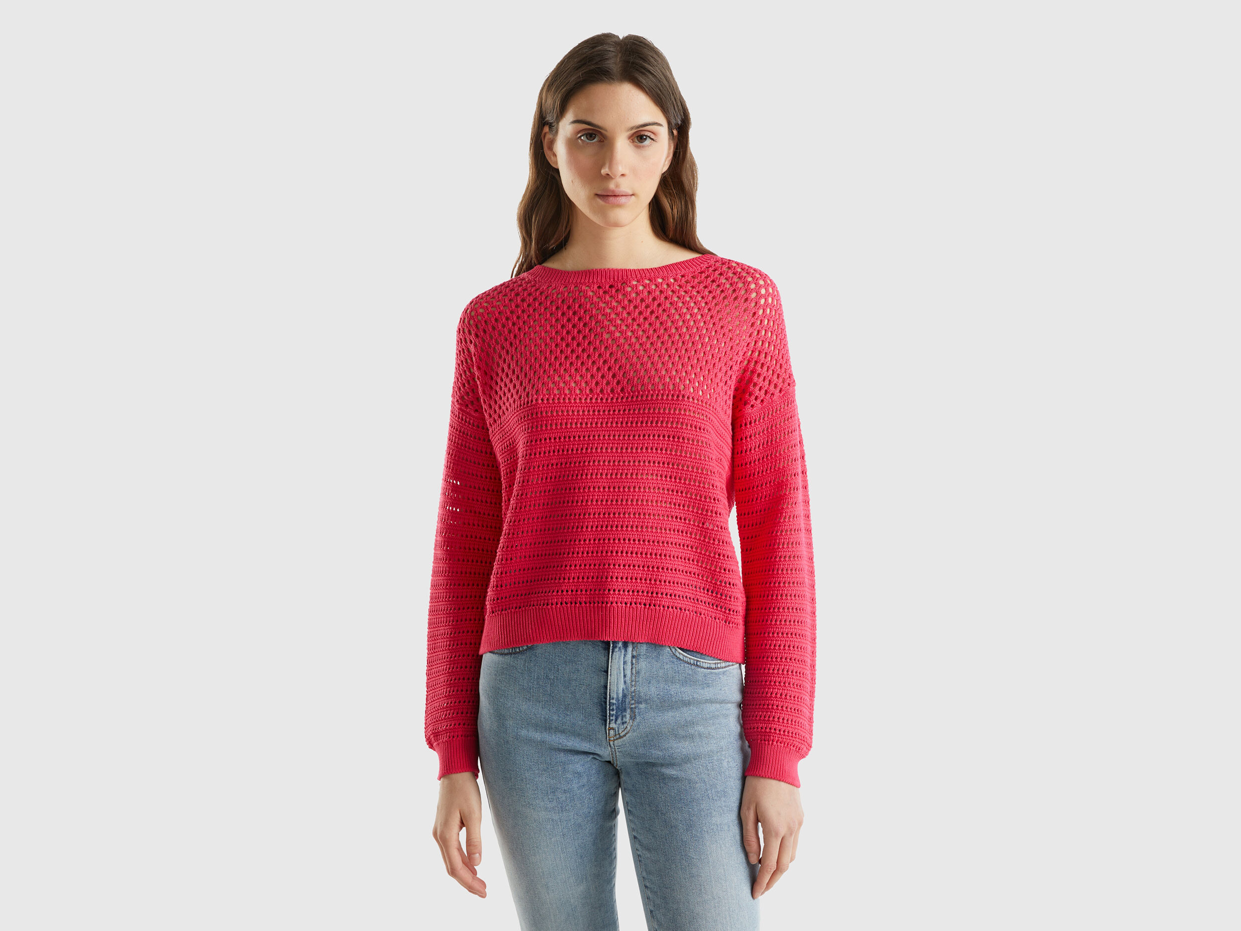 Boxy fit sweater with open knit - Fuchsia | Benetton