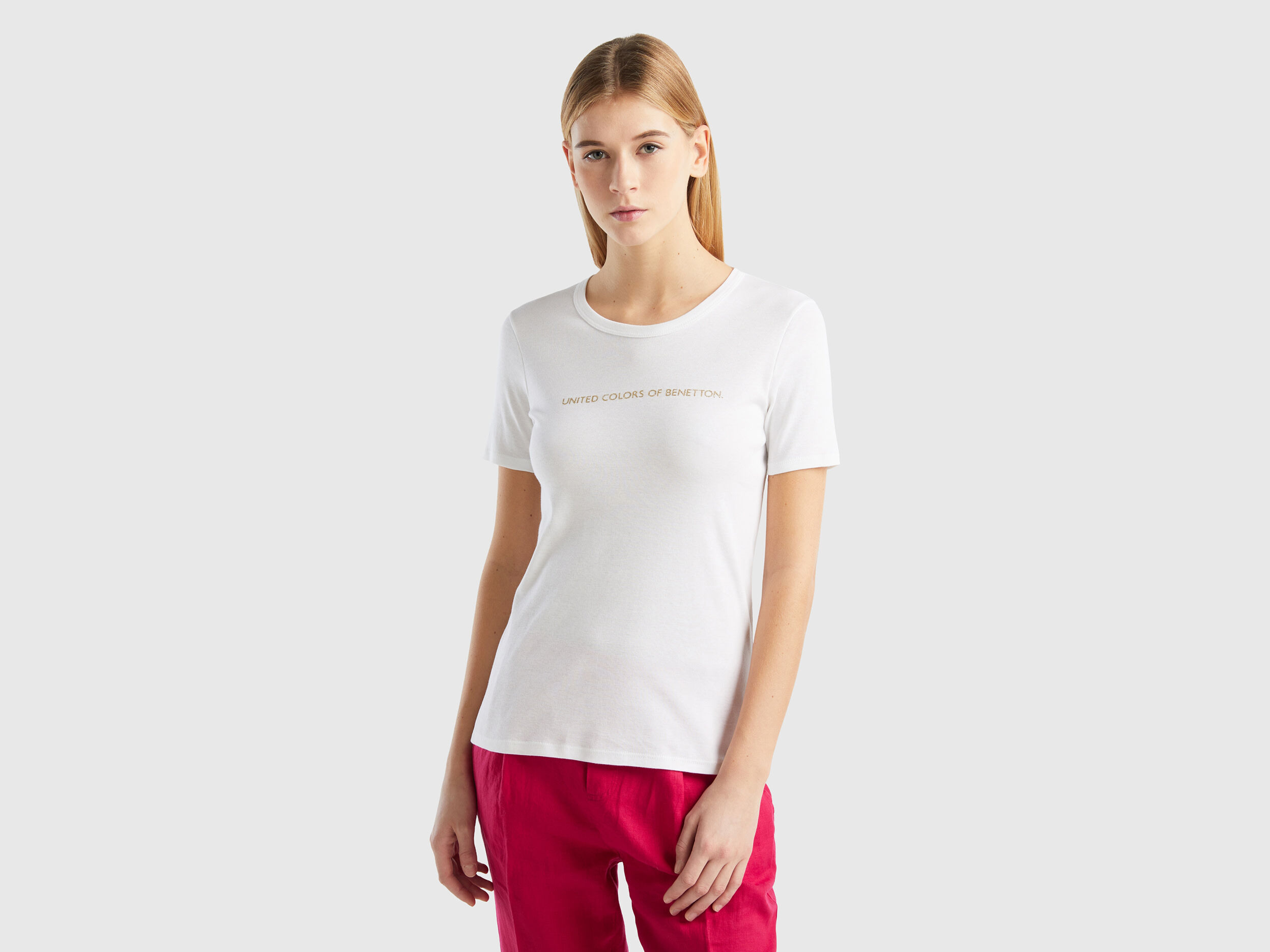 T shirt in 100 cotton with glitter print logo White Benetton