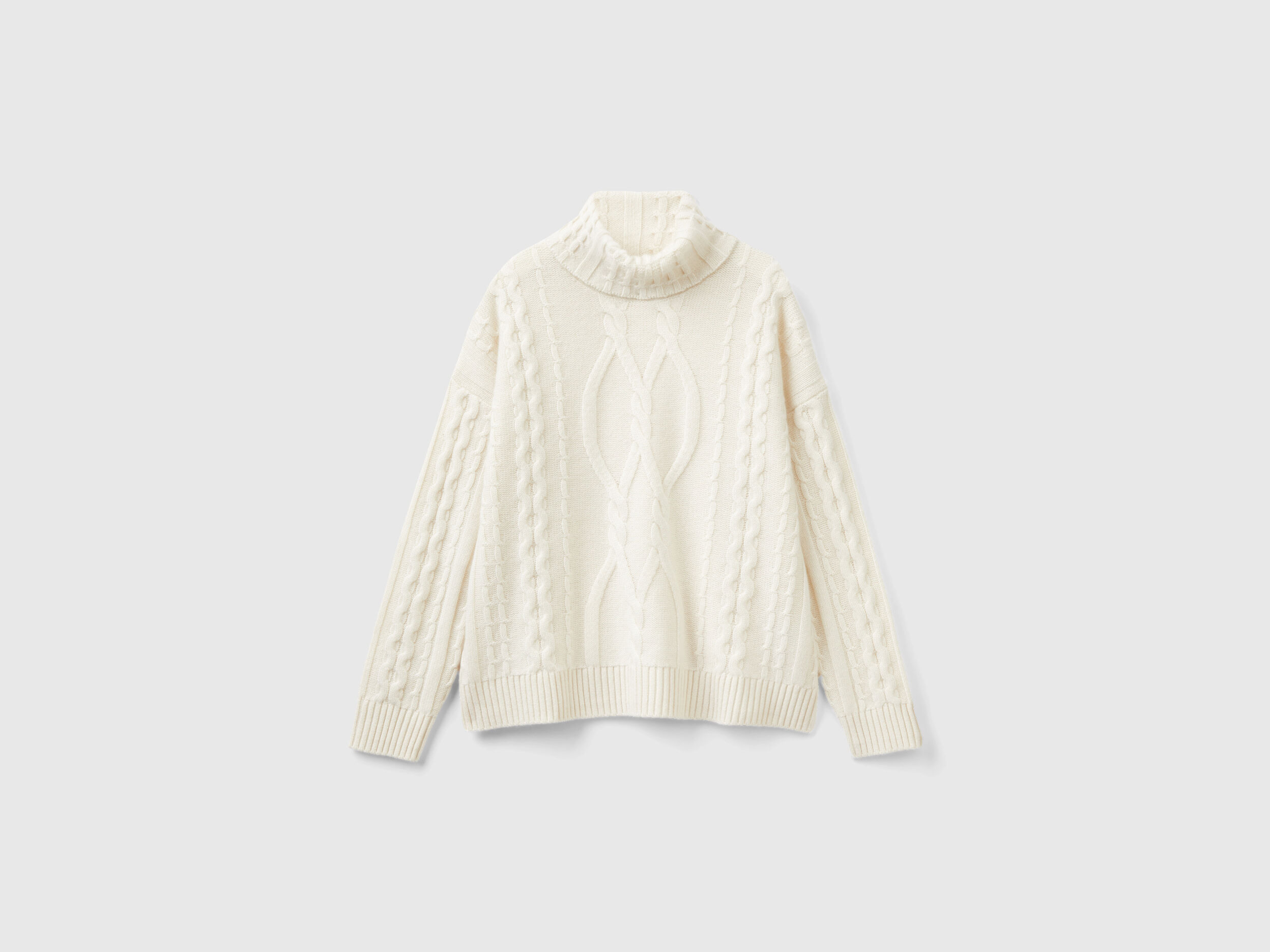 Pure cashmere turtleneck with cable knit - Creamy White | Benetton