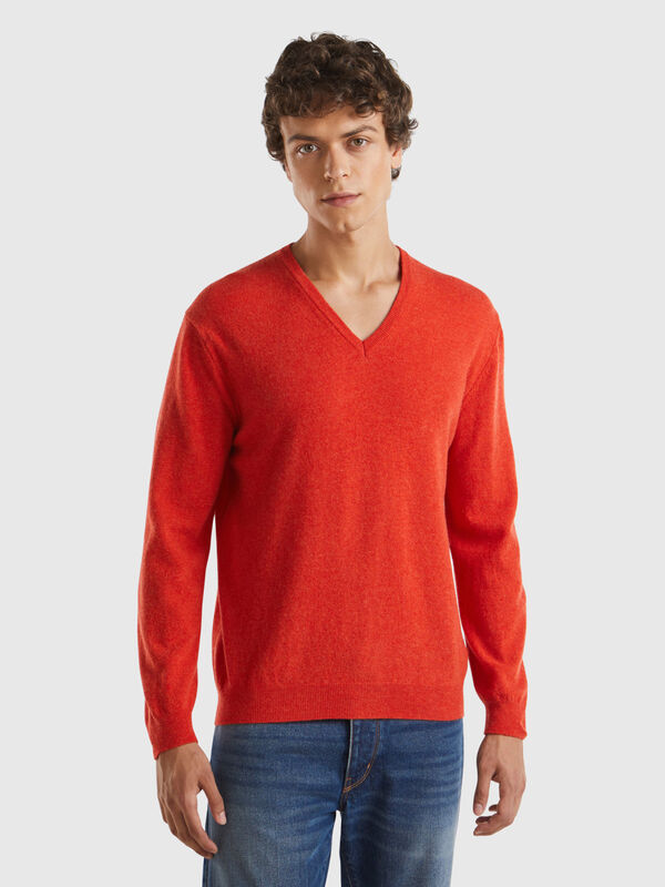 Jersey cuello en V naranja jaspeado en pura lana merina Hombre
