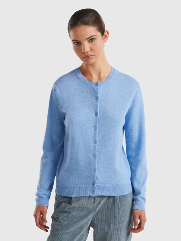 Marl sky blue crew neck cardigan in pure Merino wool Women