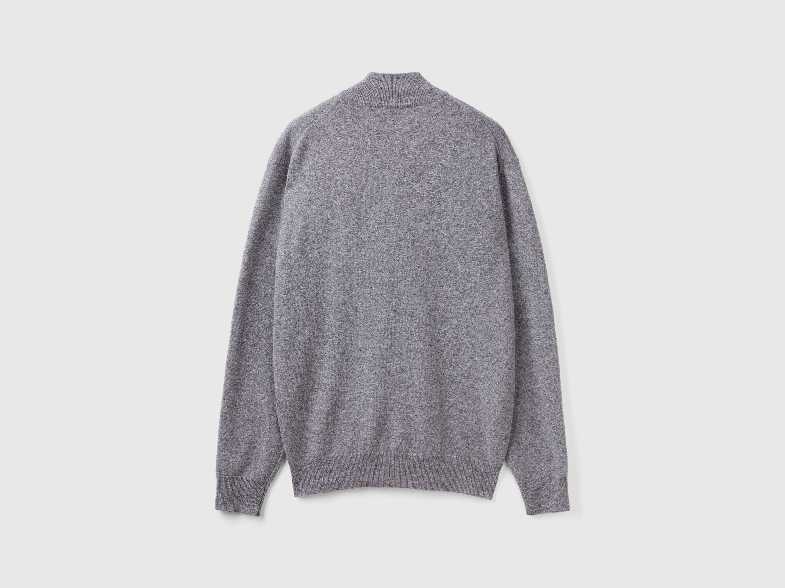 Dark gray zip-up cardigan in pure Merino wool - Dark Gray | Benetton
