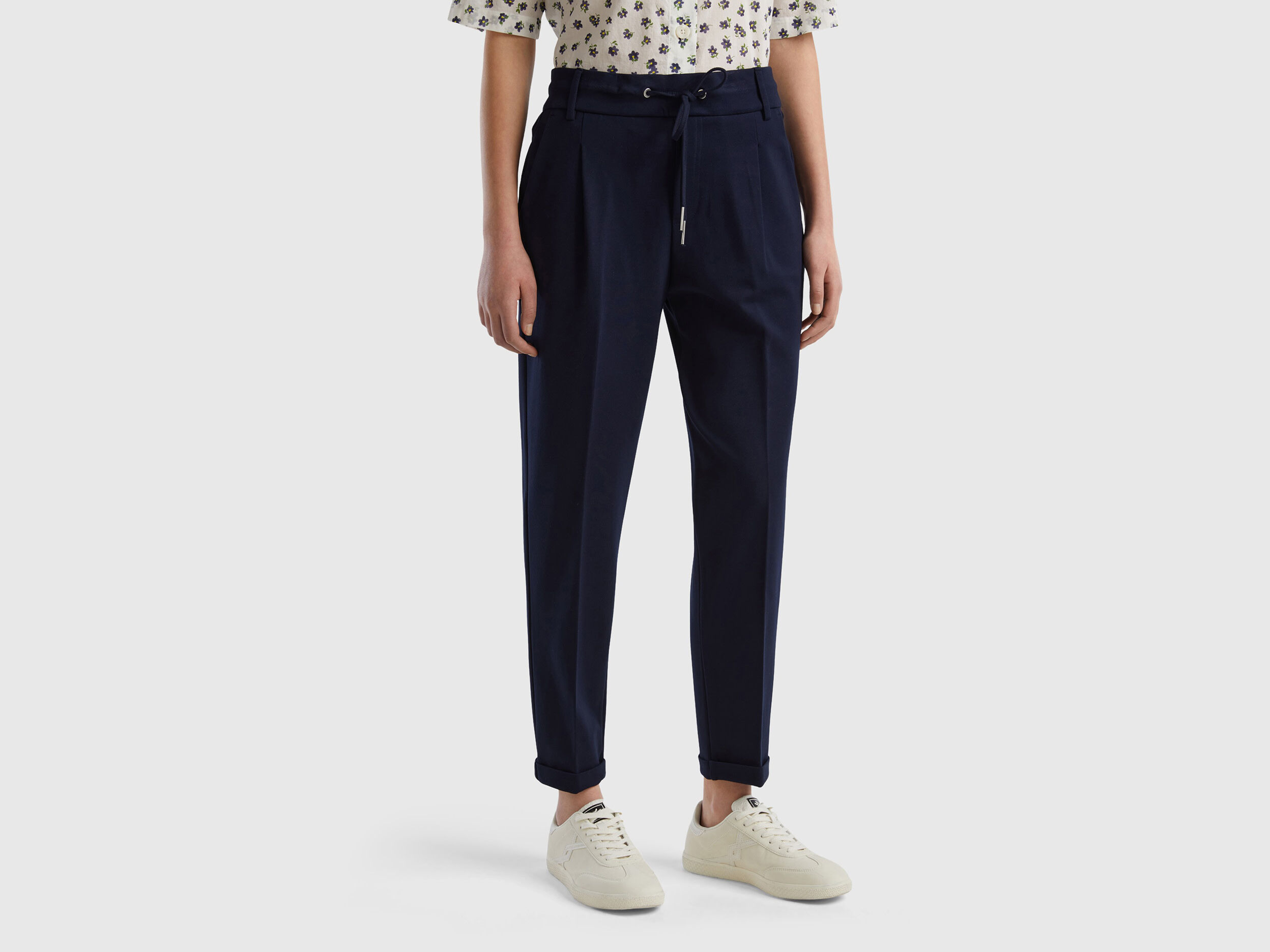 Yarn dyed trousers with drawstring - Dark Blue | Benetton