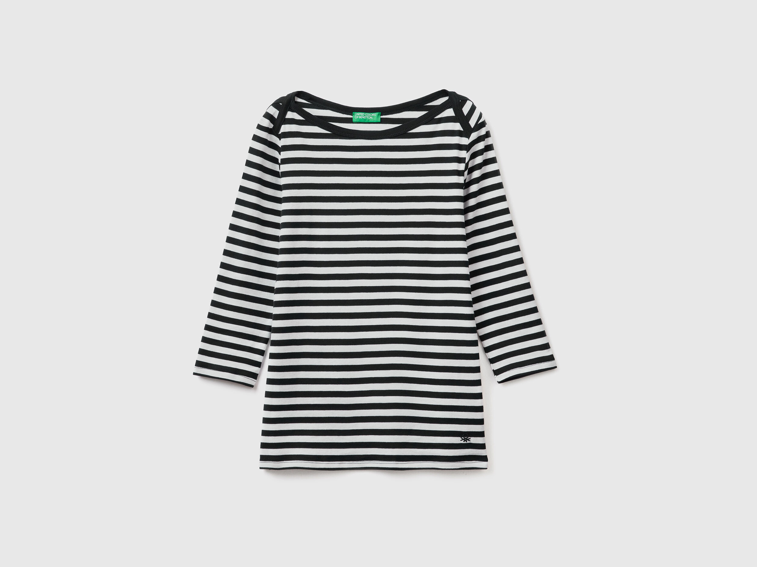 Striped 3 4 sleeve t shirt in pure cotton Black Benetton