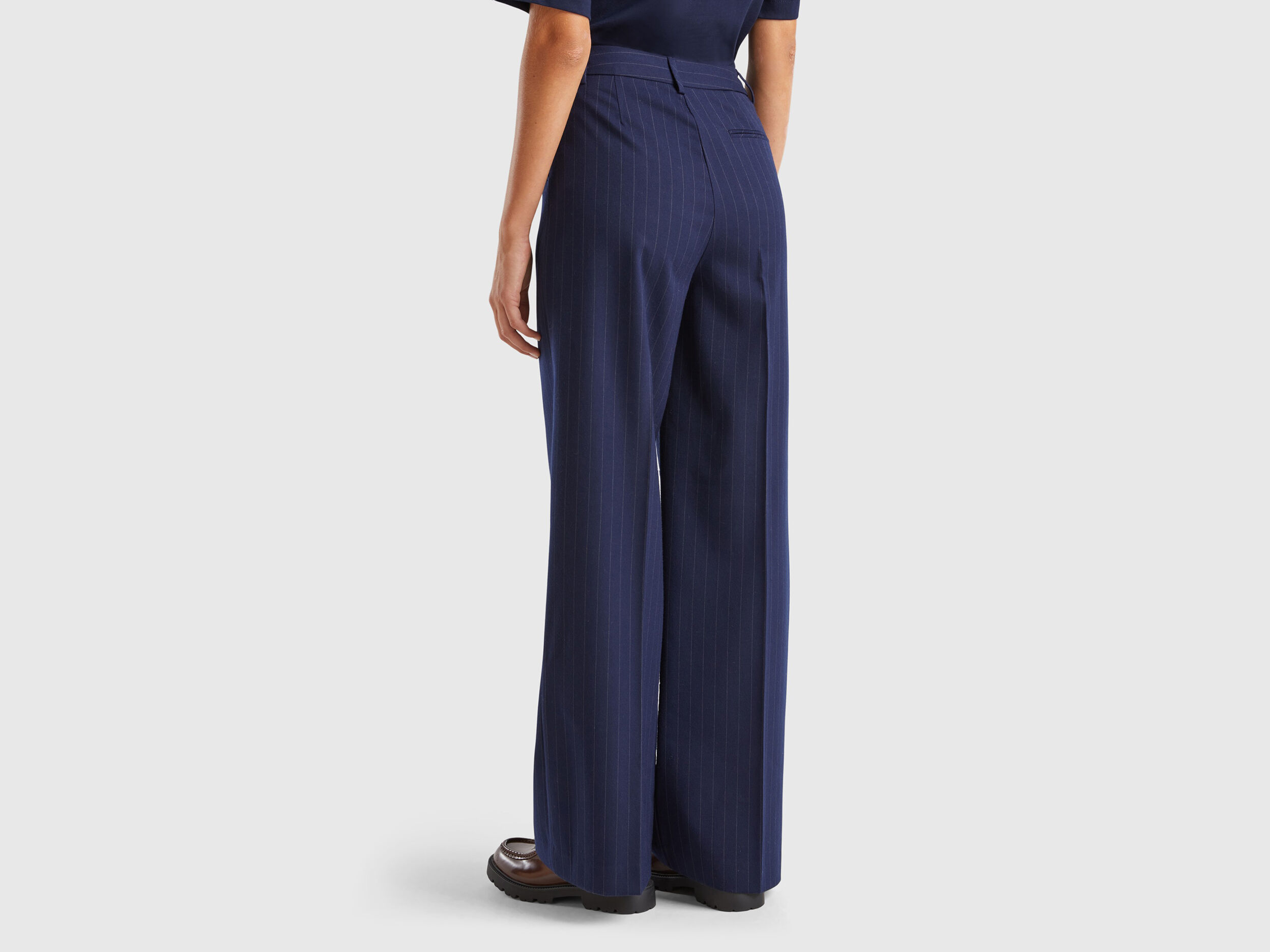 Navy pinstripe wide leg trousers top