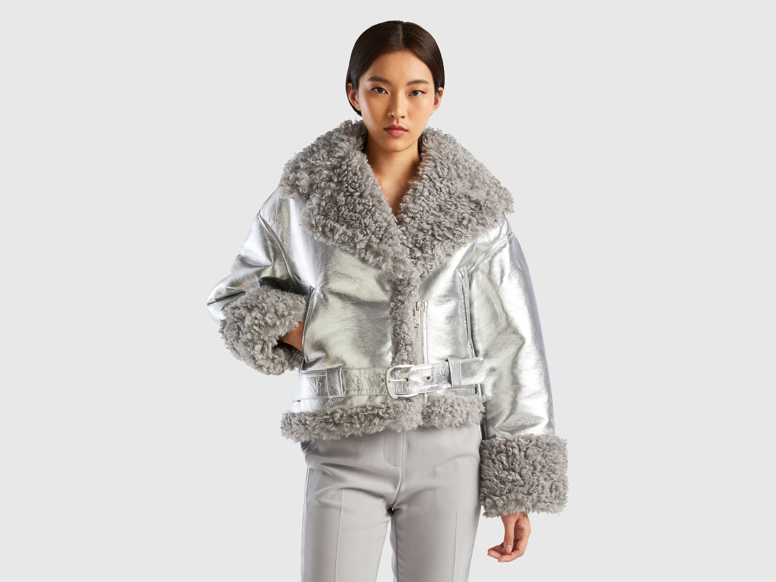 and Benetton fur leather in faux jacket Silver Biker - imitation |
