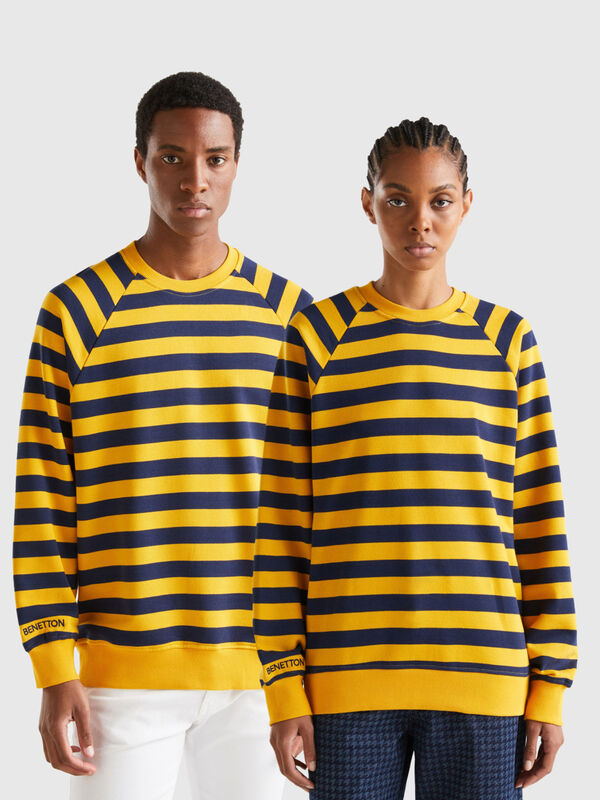 Yellow ochre and dark blue striped sweatshirt