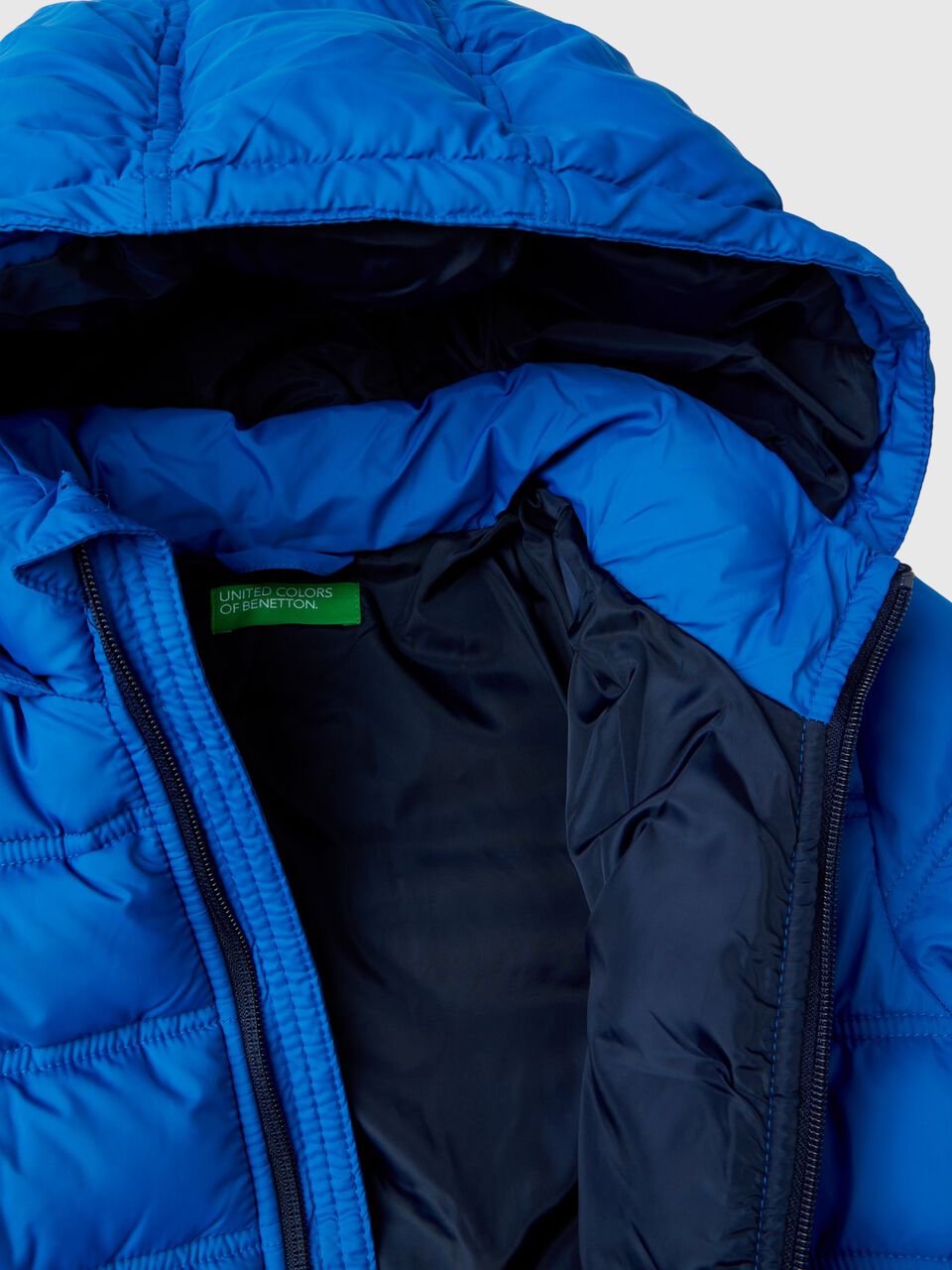 Puffer jacket with Blue - Benetton | and logo Bright hood