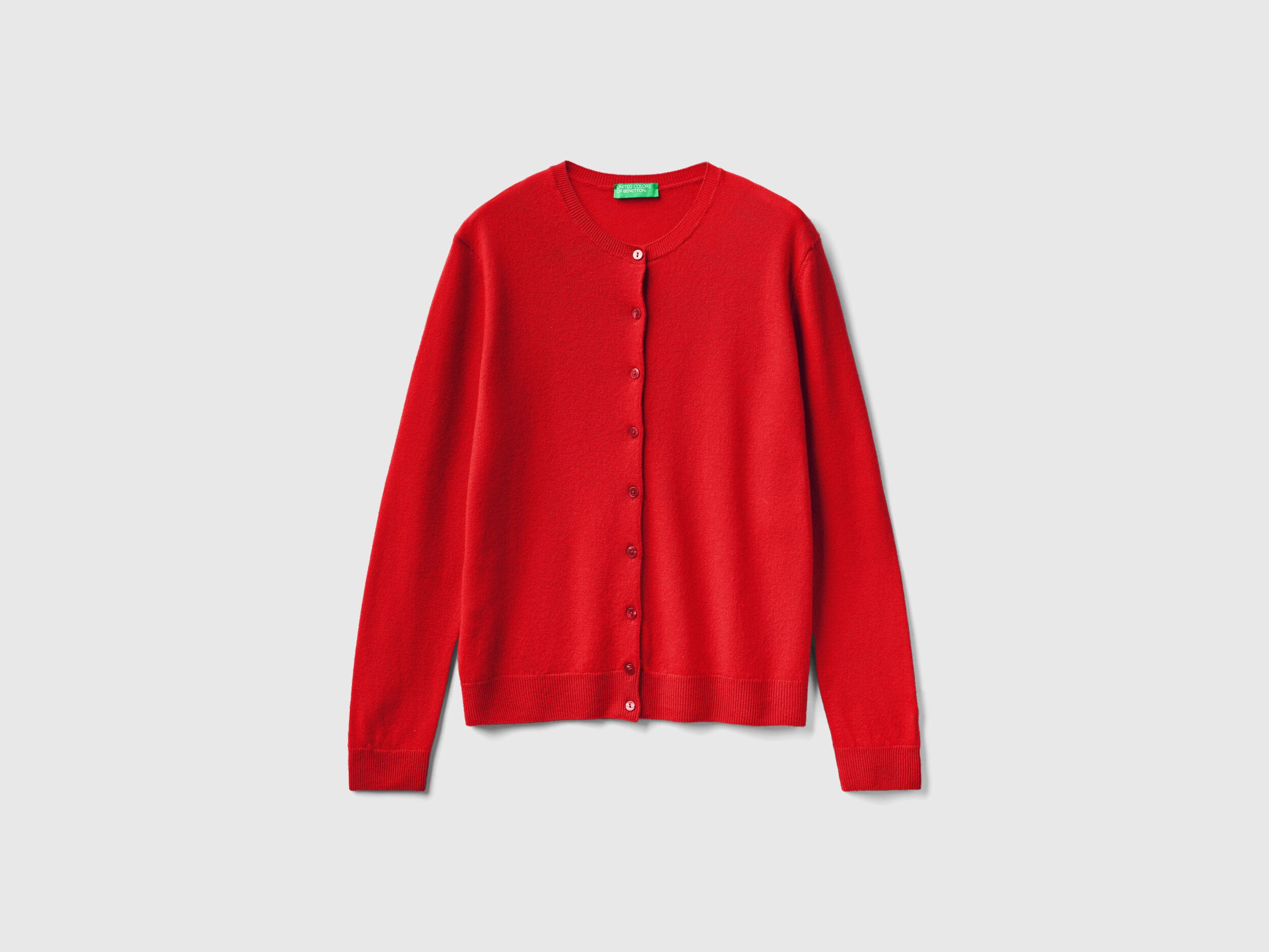 Red crew neck cardigan in pure Merino wool - Red | Benetton