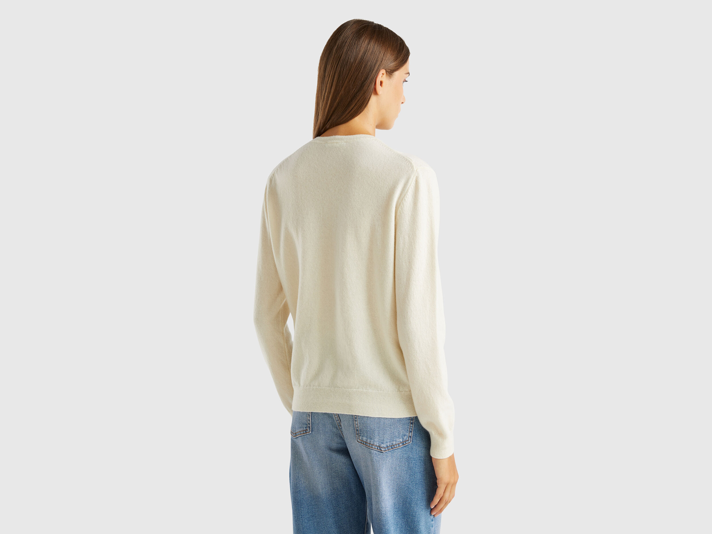 Benetton Cream Crew Neck Cardigan in Pure Merino Wool Creamy White Women