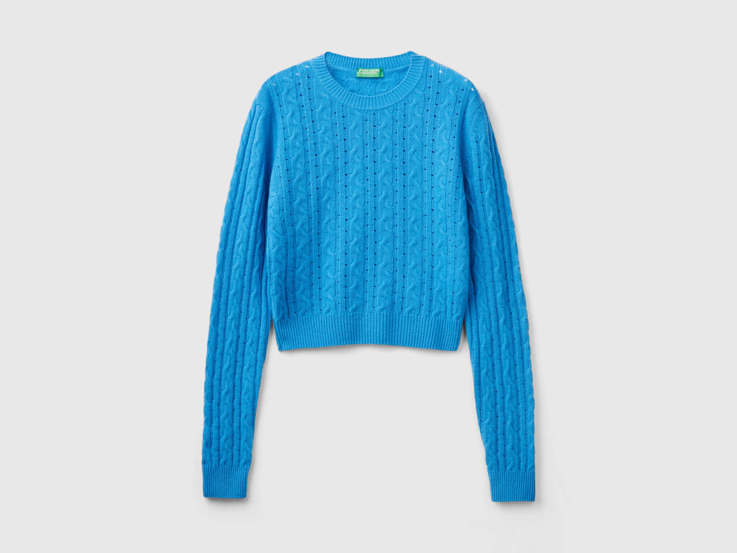 Cropped sweater with cable knit and perforations - Light Blue | Benetton