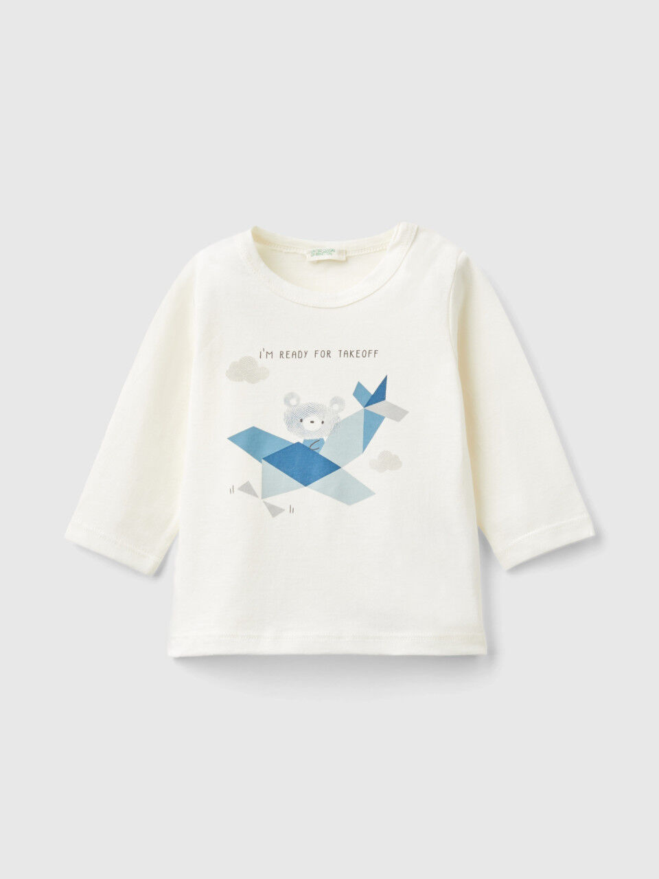 Benetton T Shirt with Print in Warm Organic Cotton Creamy White Kids