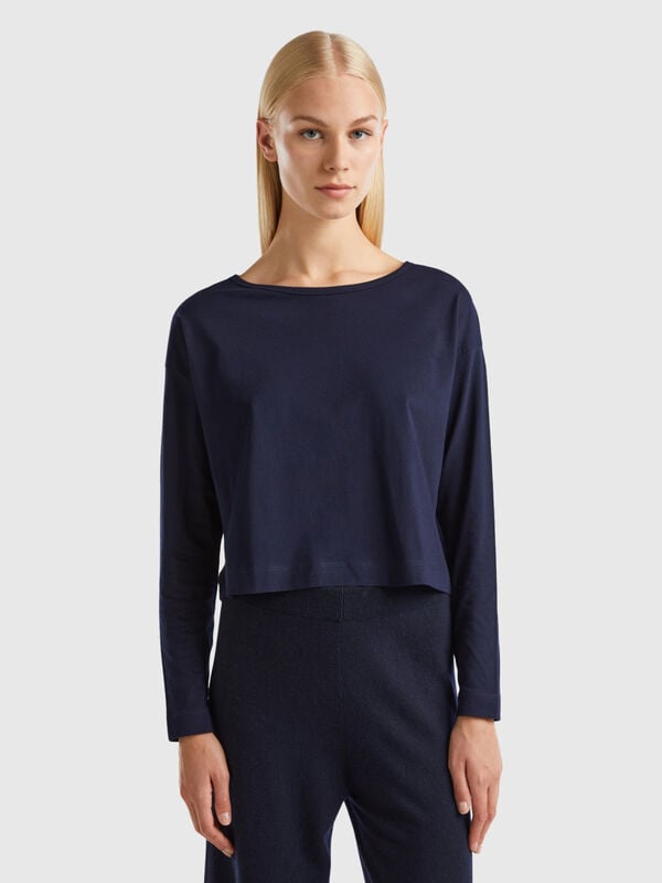 Camiseta azul oscuro de algodón de fibra larga Mujer