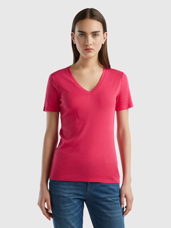 Camiseta de algodón puro con escote de pico Mujer