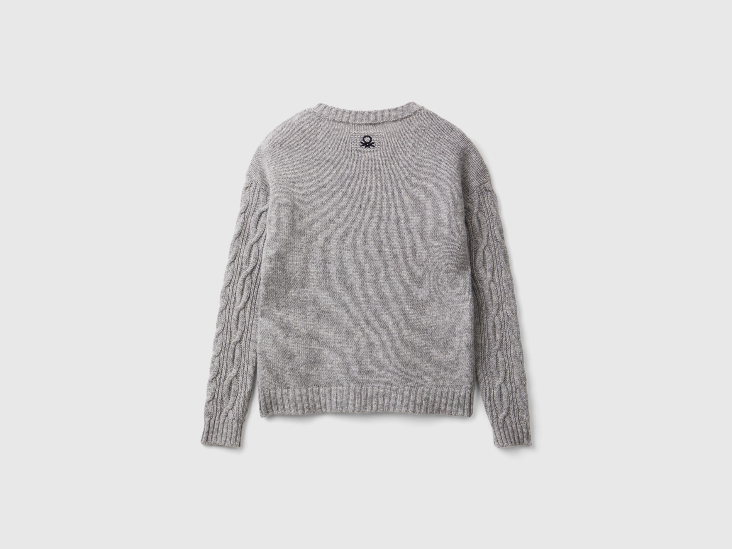 Cable knit sweater in wool blend - Light Gray | Benetton