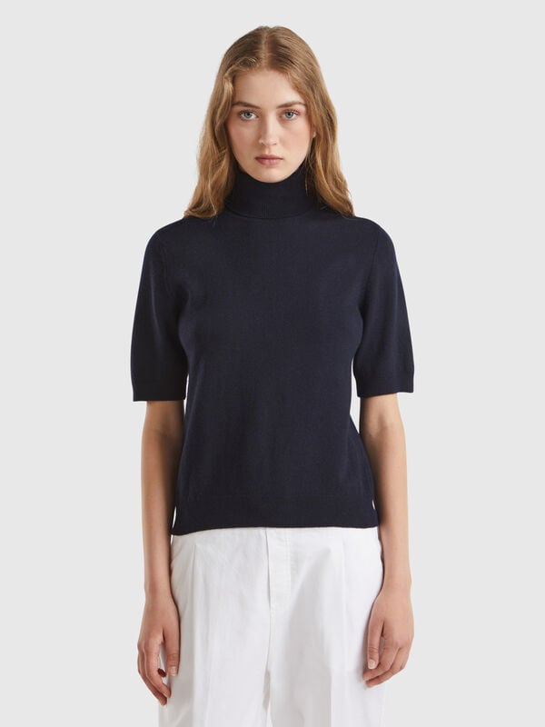 Dark blue short sleeve turtleneck in cashmere blend Women