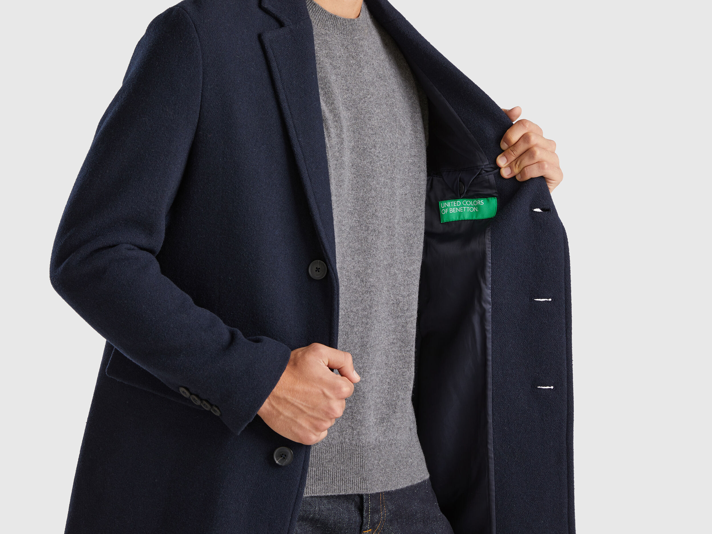 Lined coat in wool blend - Dark Blue | Benetton