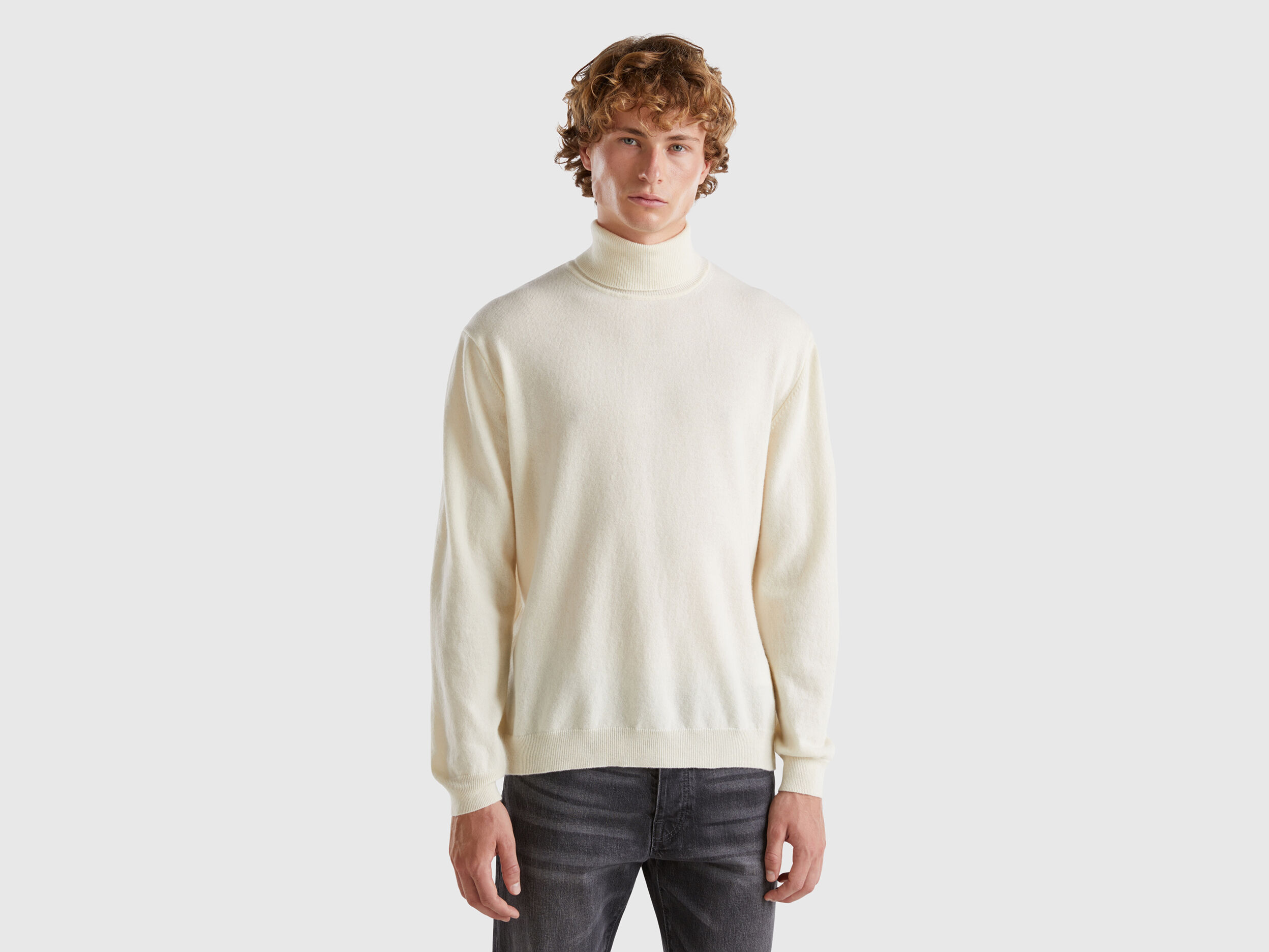 Benetton Cream White Turtleneck in Pure Merino Wool Creamy White Men