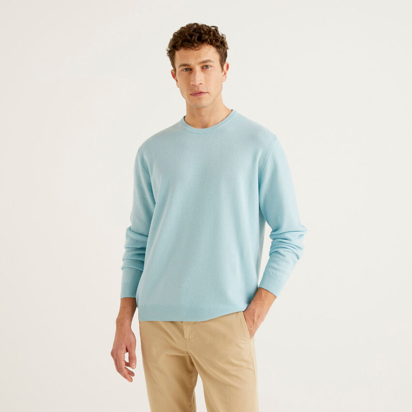 Turquoise crew neck sweater in pure Merino wool