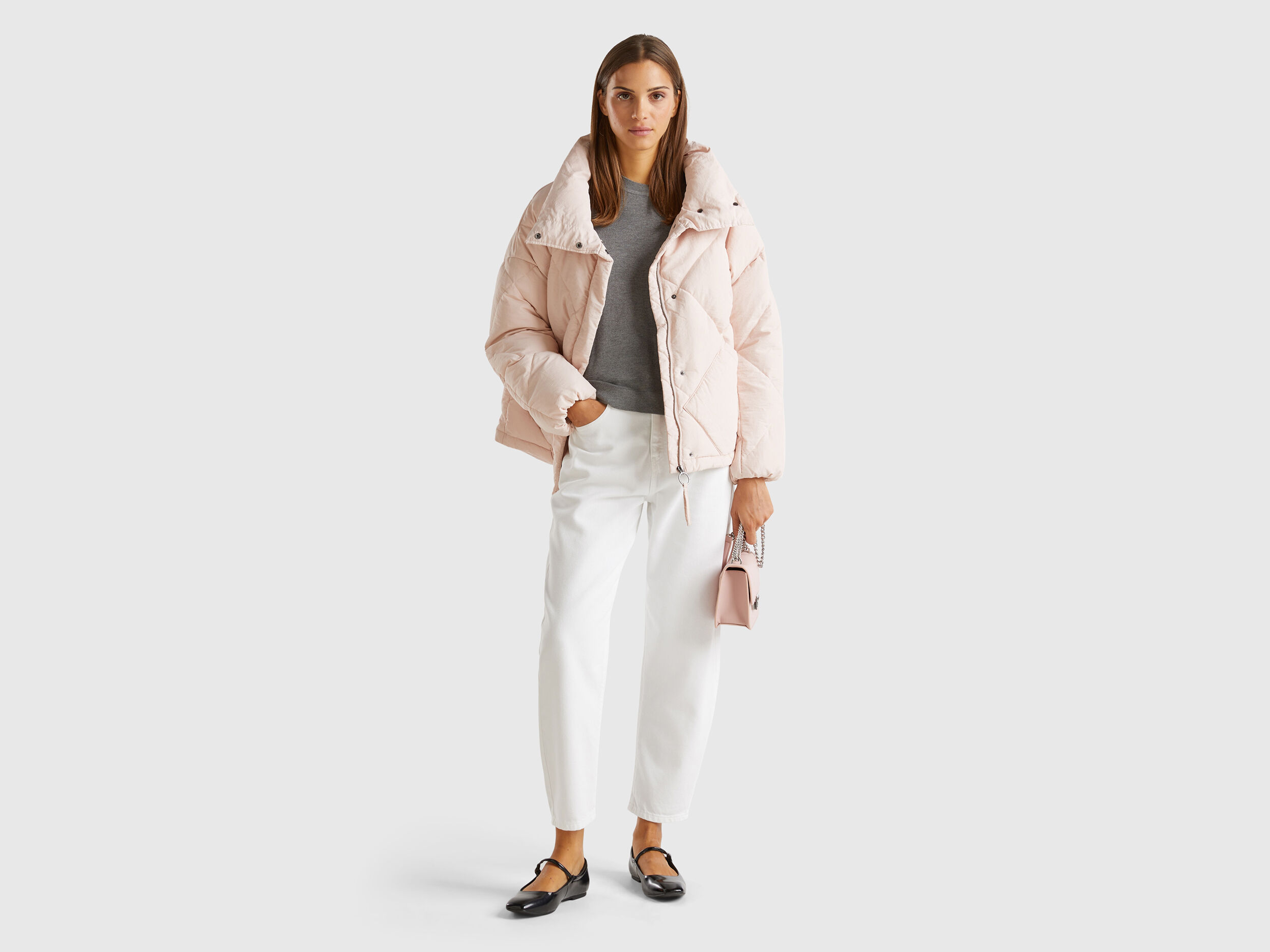 High collar puffer jacket in genuine recycled down - Soft Pink | Benetton